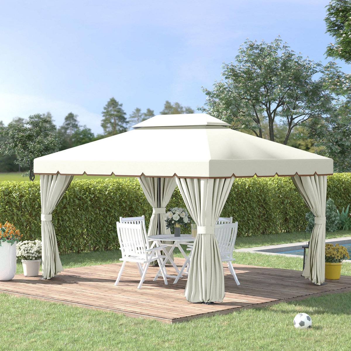 OUTSUNNY Tonnelle barnum pavillon de jardin style colonial double toit toile moustiquaires et toiles amovibles 3,9L x 2,9l x 2,8H m crème