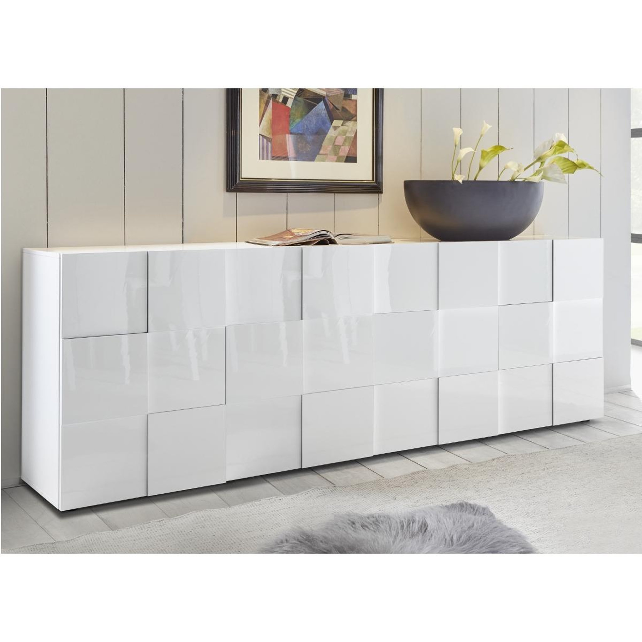 Voir la diapositive 2 : JLC KREATION Buffet bas design laqué blanc 4 portes 240cm mado