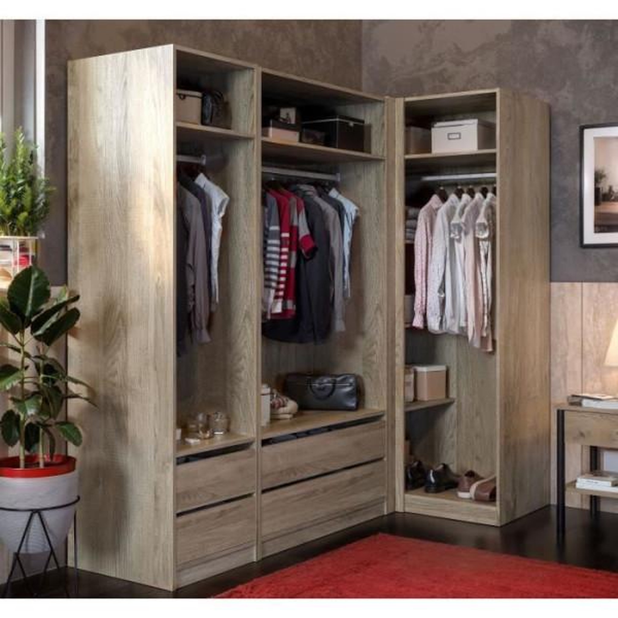 Voir la diapositive 4 : MARKET24 Module dressing d'angle - Décor chene - 3 étageres - 1 tringle a vetements - L100 x P66 x H200 cm