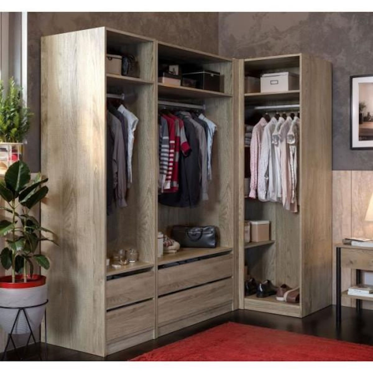 MARKET24 Module dressing d'angle - Décor chene - 3 étageres - 1 tringle a vetements - L100 x P66 x H200 cm
