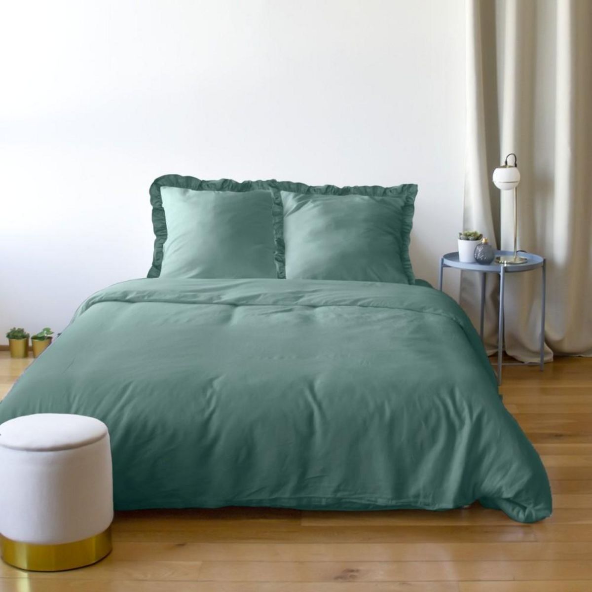 COTE DECO Housse de couette 240x220 FALBALA verte + 2 taies à volants