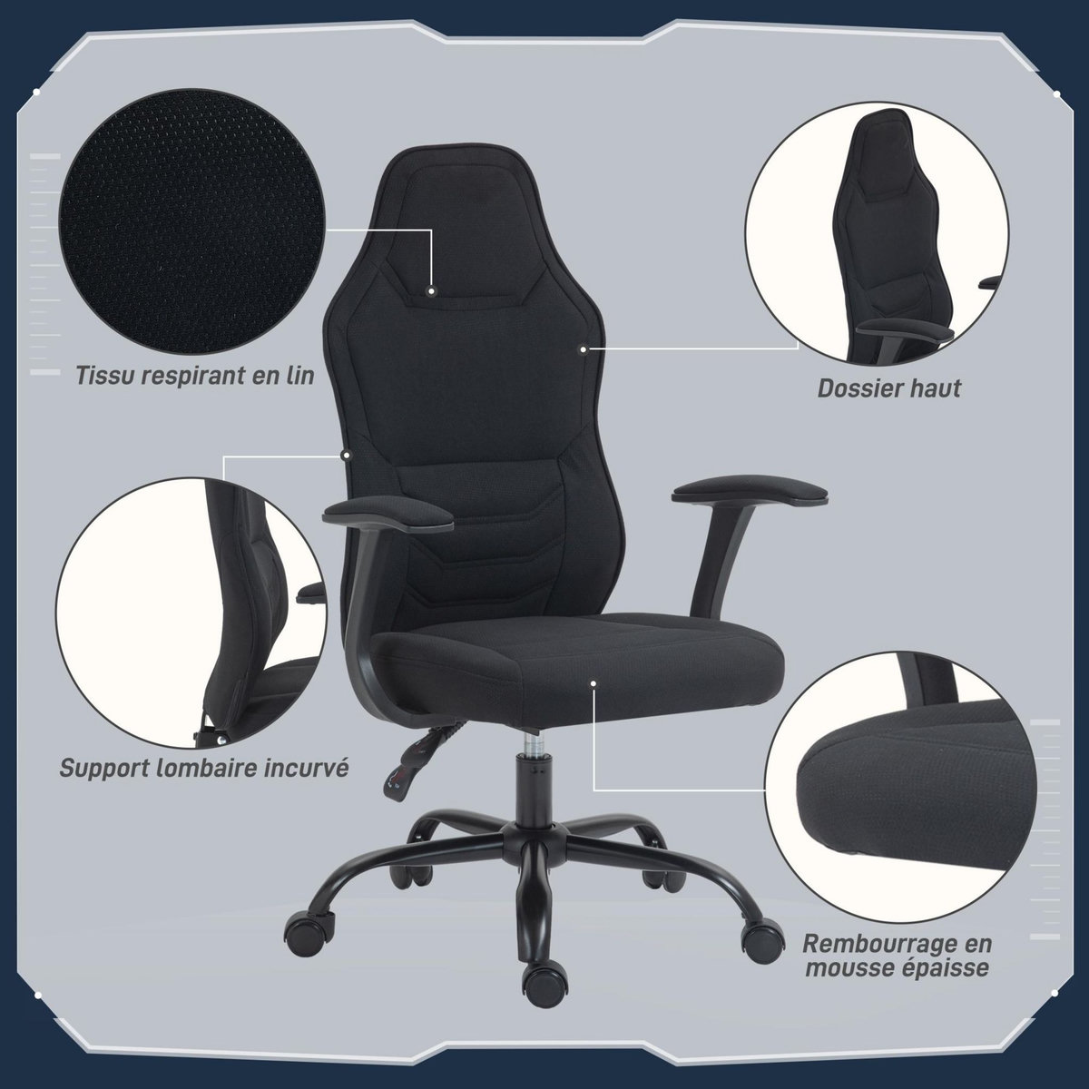 HOMCOM Fauteuil gamer ergonomique - chaise de bureau gaming - réglable - dossier inclinable - tissu noir
