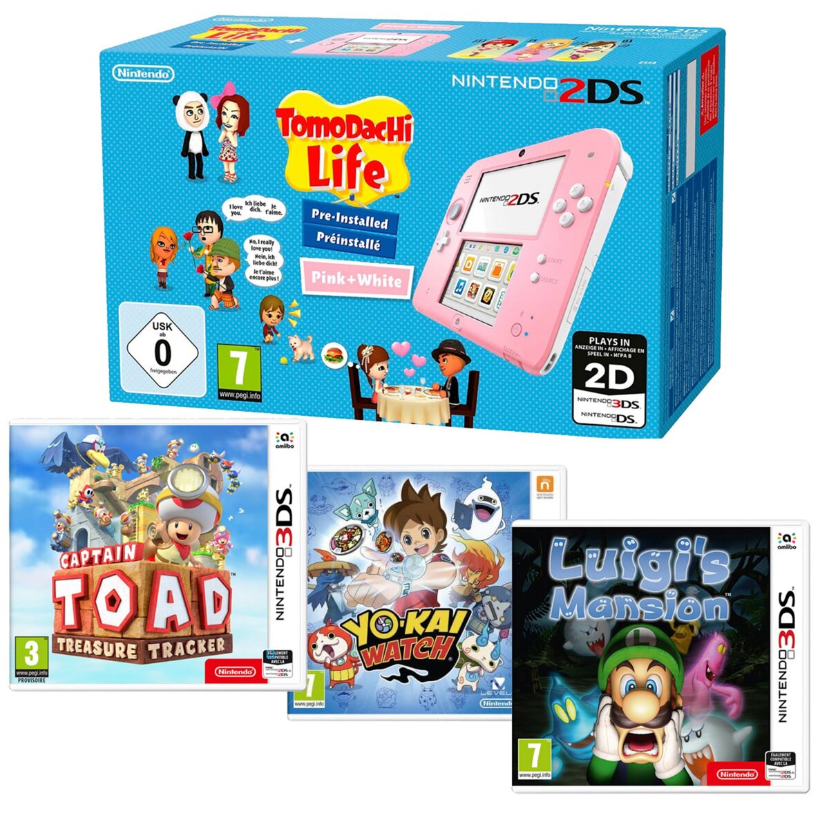 EXCLU WEB Console Nintendo 2DS Tomodachi + Captain Toad + Luigi's Mansion + Yo-Kai Watch