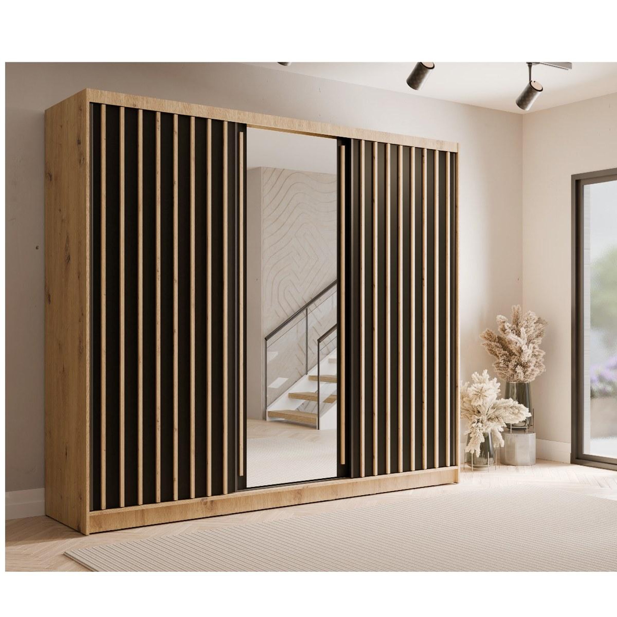 Voir la diapositive 2 : JLC KREATION Armoire coulissante moderne bois et noir 250cm celia