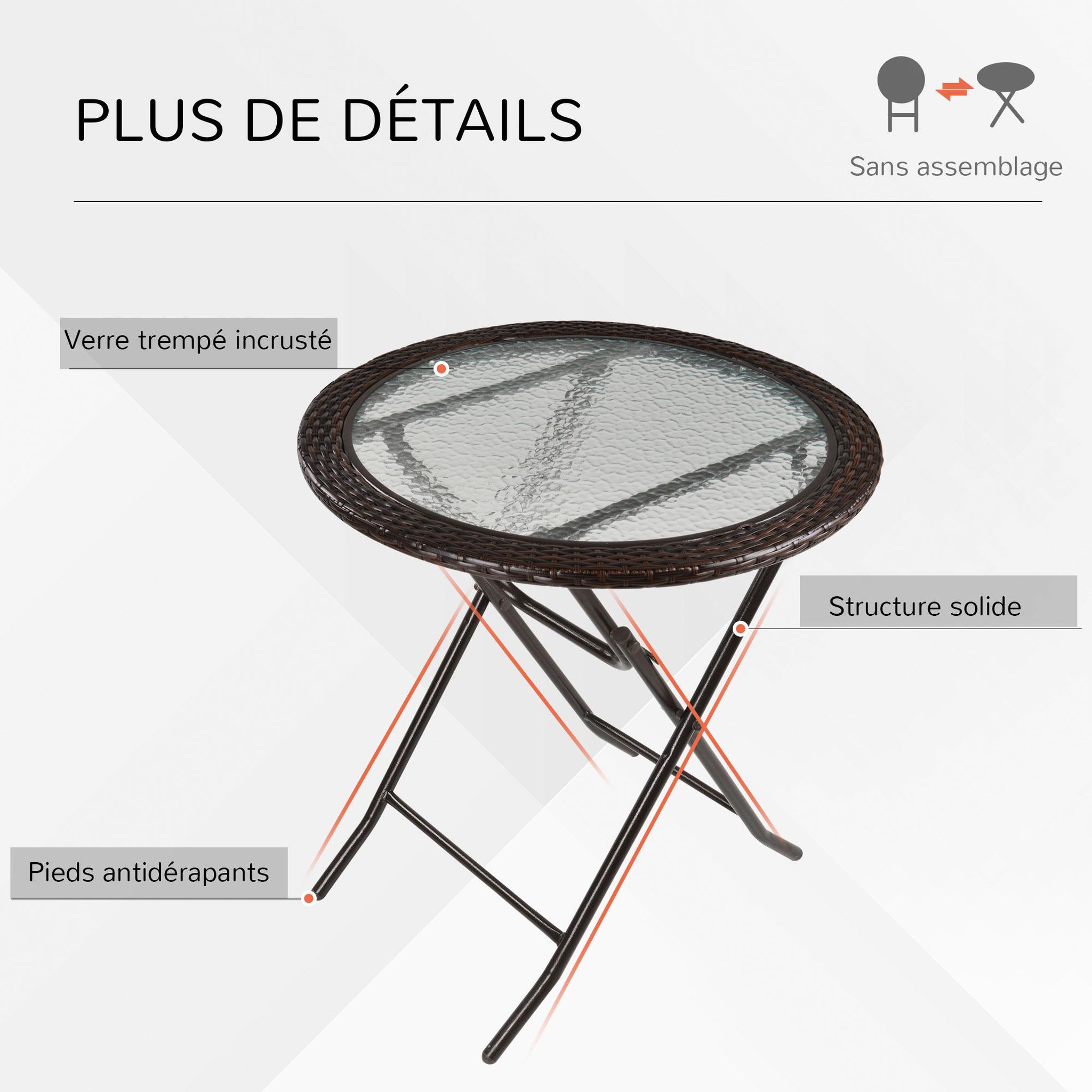 Voir la diapositive 6 : OUTSUNNY Table ronde bistro de jardin pliable dim. Ø 68 x 73H cm métal époxy résine tressée chocolat plateau verre trempé