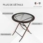 Voir la diapositive 6 : OUTSUNNY Table ronde bistro de jardin pliable dim. Ø 68 x 73H cm métal époxy résine tressée chocolat plateau verre trempé
