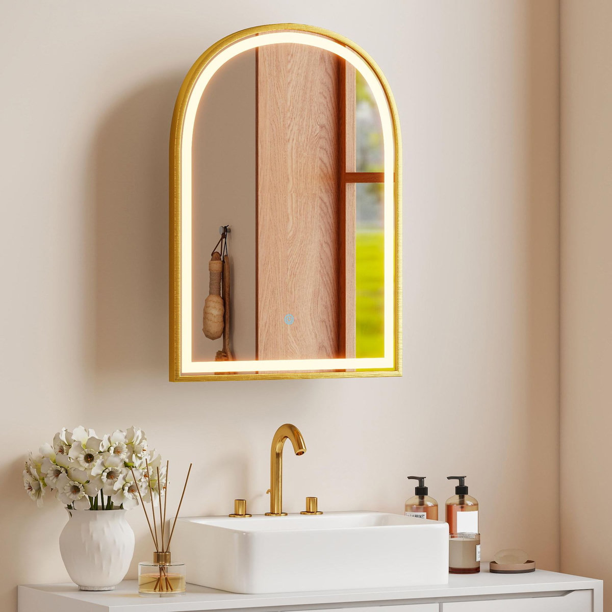 HOMCOM Armoire miroir LED réglable salle de bain design arche alu brossé doré 2 étagères