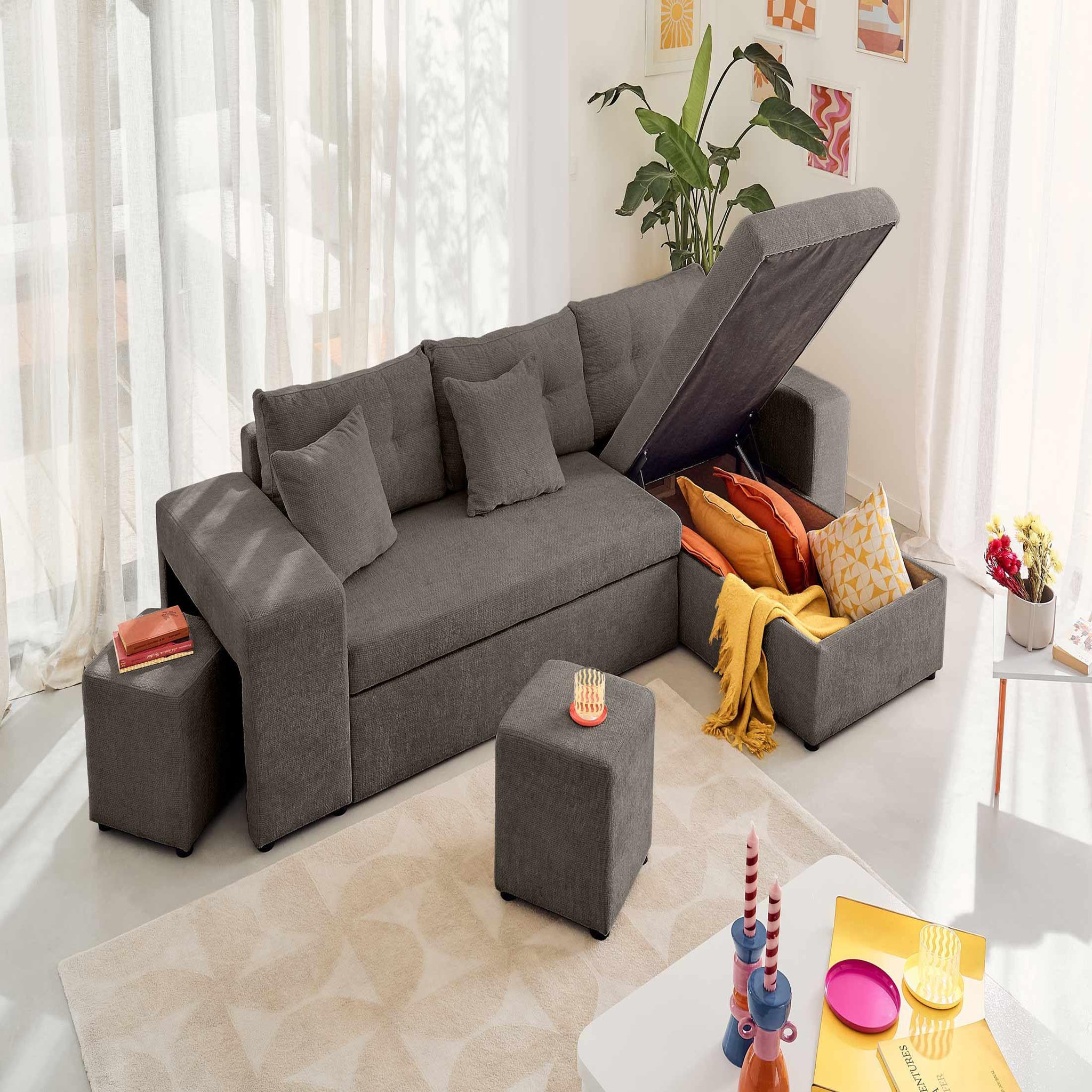 Voir la diapositive 3 : BEST MOBILIER California - canapé d'angle réversible 4 places - convertible avec coffre, étagère et poufs - en velours texturé