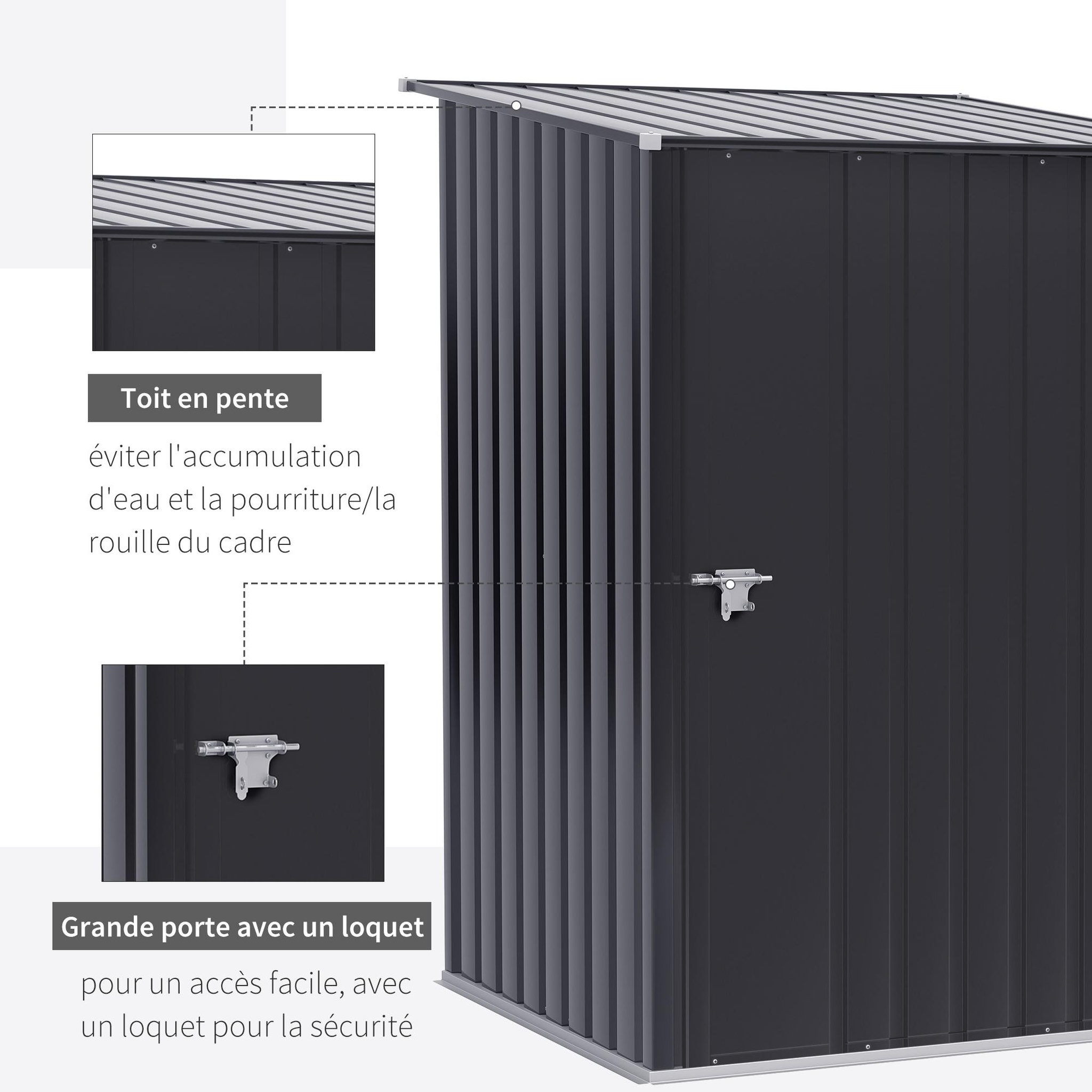Voir la diapositive 6 : OUTSUNNY Abri de jardin - remise pour outils - cabanon porte verrouillable - dim. 1L x 1,03l x 1,6H m - tôle d'acier ondulée anthracite