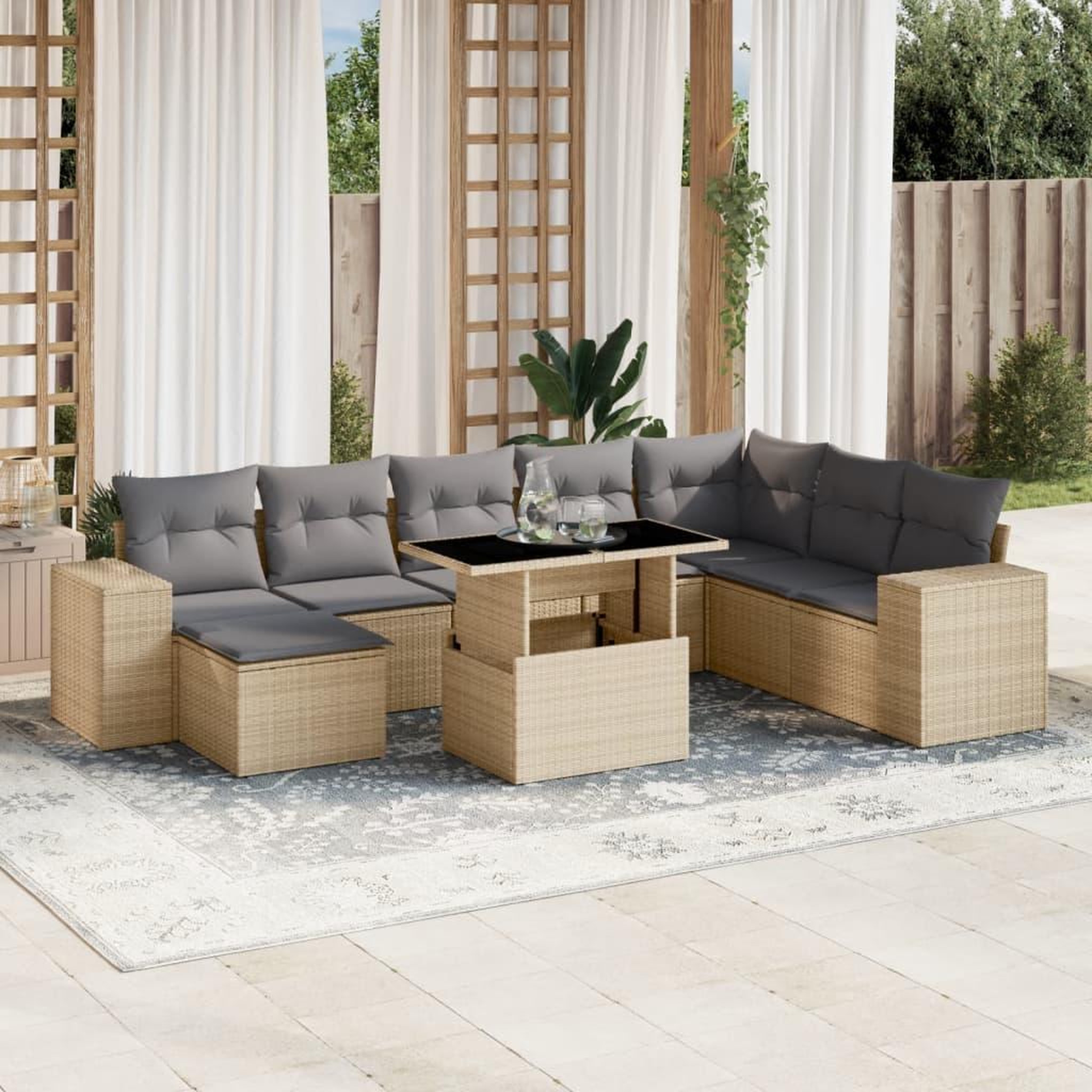 VIDAXL Salon de jardin avec coussins 9 pcs beige resine tressee