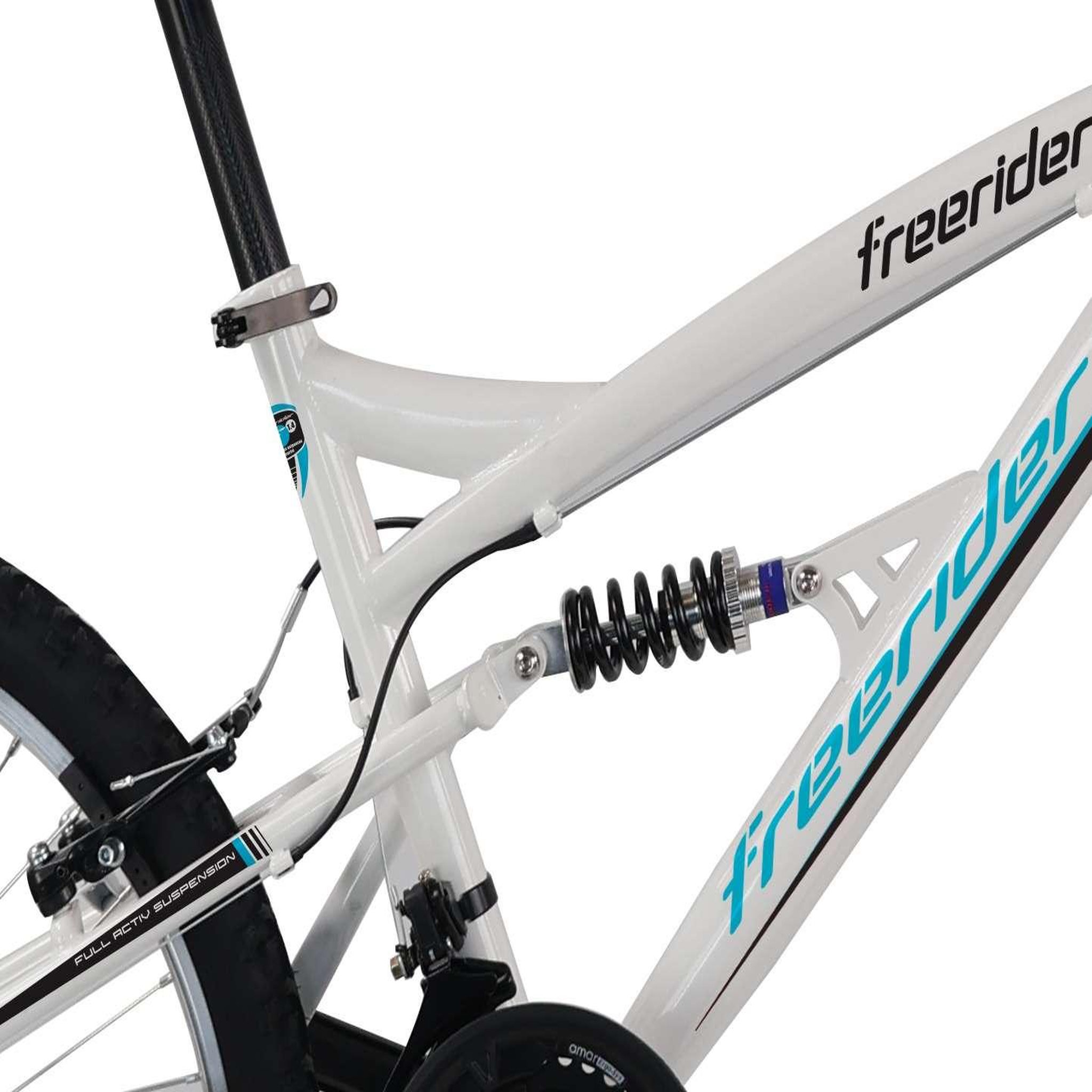 Voir la diapositive 4 : FREERIDER Vélo VTT 24'' avec cadre suspendu et fourche télescopique - 18 Vitesses Indexées via poignées tournantes indexées Grip Shift- Dérailleur arrière Shimano TY21 - Freins V-Brake en composite noire - Jantes en Aluminium avec attache rapide avant Sonnette.