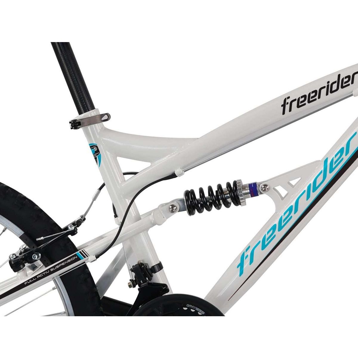 FREERIDER Vélo VTT 24'' avec cadre suspendu et fourche télescopique - 18 Vitesses Indexées via poignées tournantes indexées Grip Shift- Dérailleur arrière Shimano TY21 - Freins V-Brake en composite noire - Jantes en Aluminium avec attache rapide avant Sonnette.