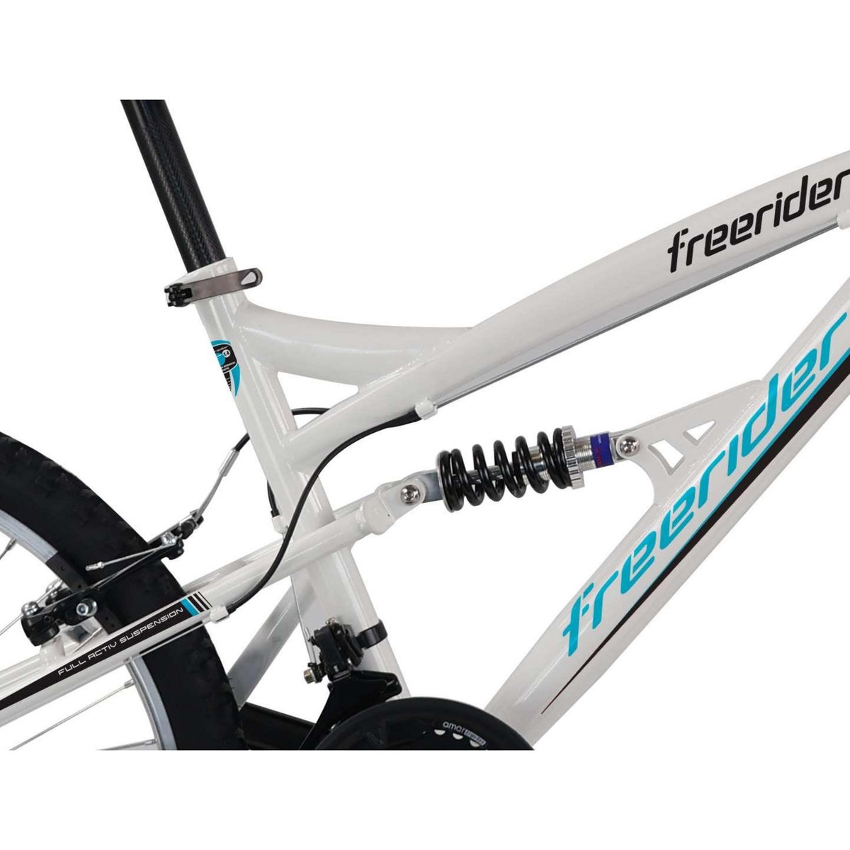 FREERIDER Vélo VTT 24'' avec cadre suspendu et fourche télescopique - 18 Vitesses Indexées via poignées tournantes indexées Grip Shift- Dérailleur arrière Shimano TY21 - Freins V-Brake en composite noire - Jantes en Aluminium avec attache rapide avant Sonnette.