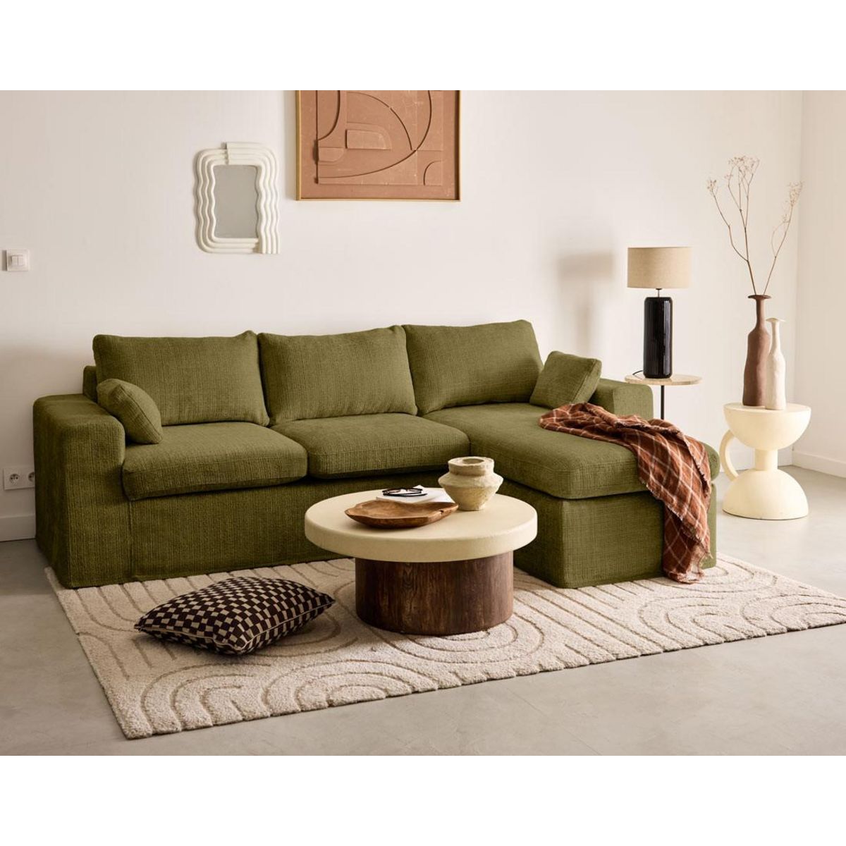 LISA DESIGN Calgary - canapé d'angle déhoussable et modulable 3 places + 1 pouf en velours texturé