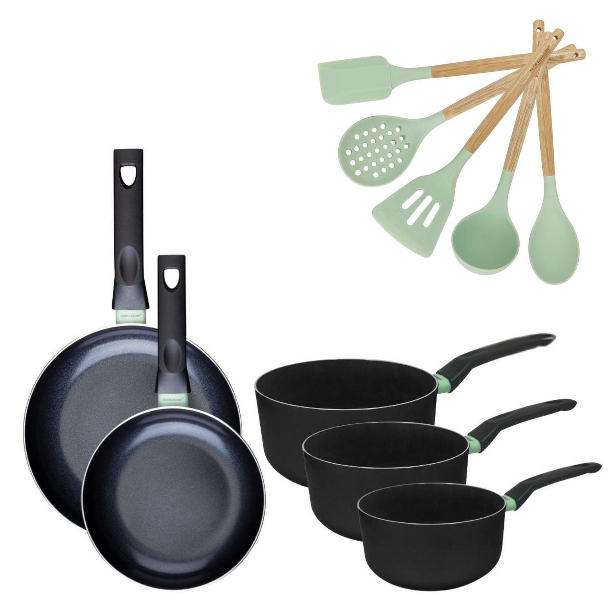 Fackelmann Batterie de cuisine avec 2 poêles 20/24 cm et 3 casseroles 16/18/20 cm et 5 ustensiles de cuisine fackelmann brandao océan