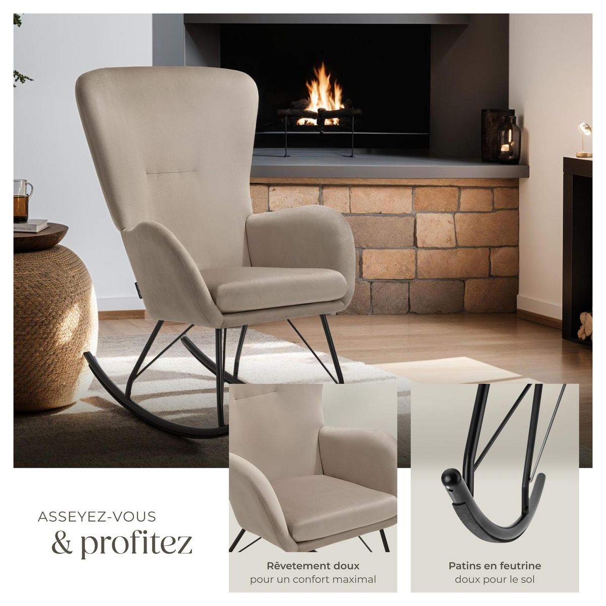 tectake Fauteuil à bascule Rembourrage épais avec revêtement en velours noir/beige