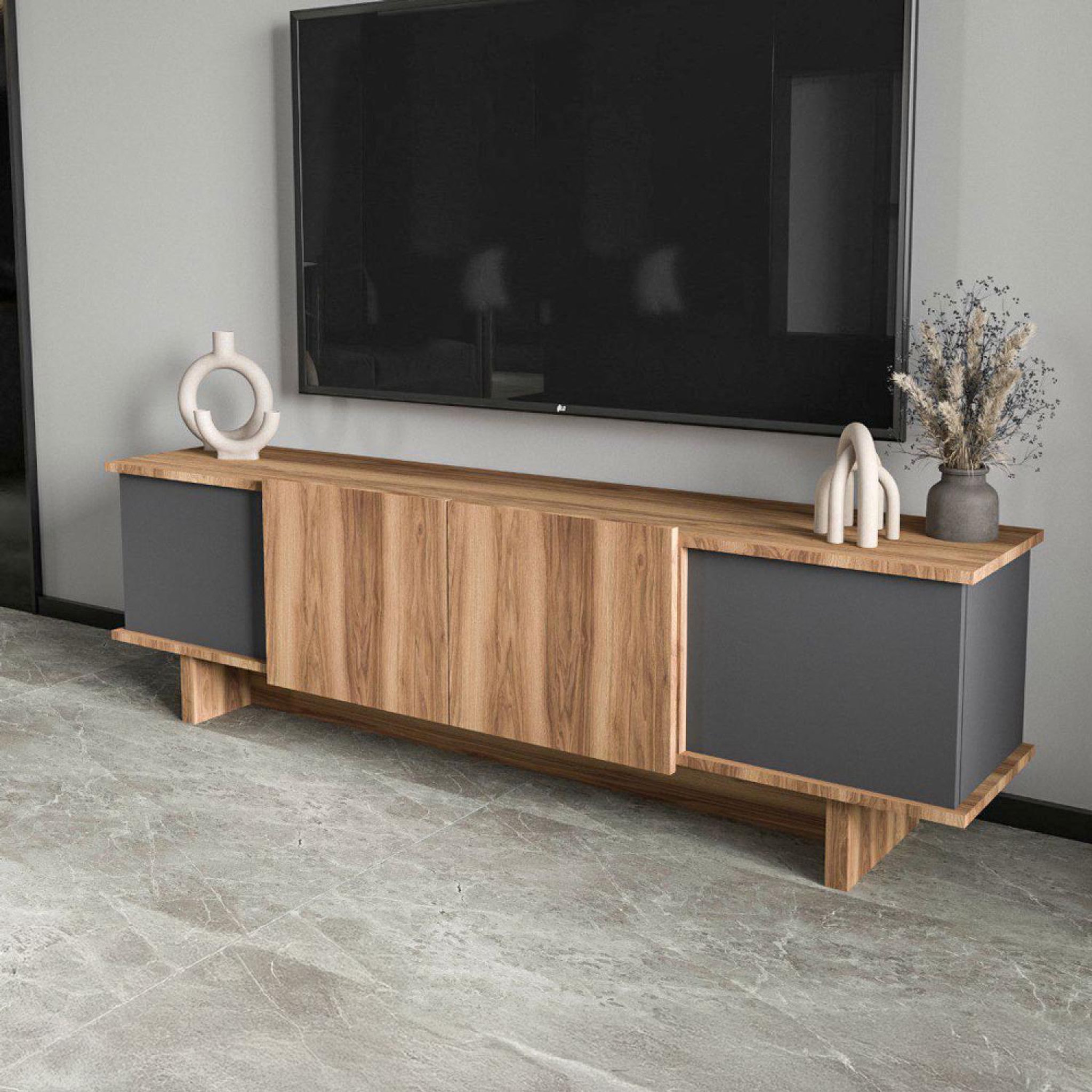 Voir la diapositive 3 : CONCEPT USINE Meuble tv design avec placards aspect bois et gris anthracite 180cm broni