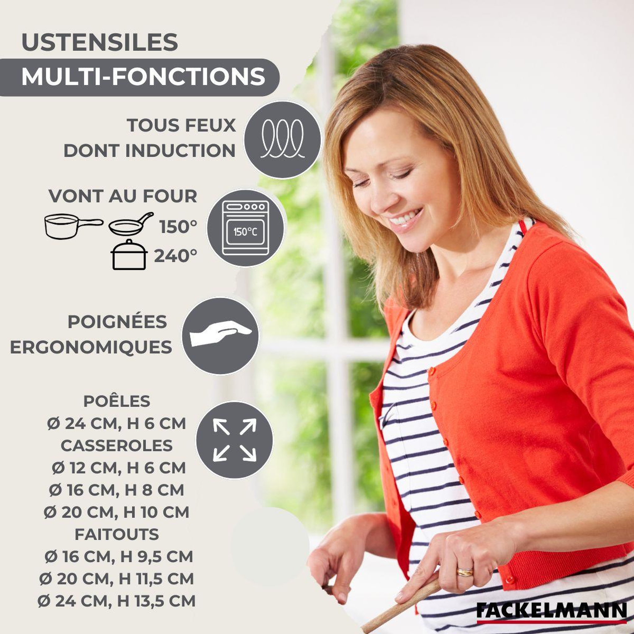 Voir la diapositive 3 : Fackelmann Batterie de cuisine avec 3 faitouts 16/20/24 cm et 3 casseroles 12/16/20 cm avec 5 ustensiles de cuisine fackelmann généva brillant vario