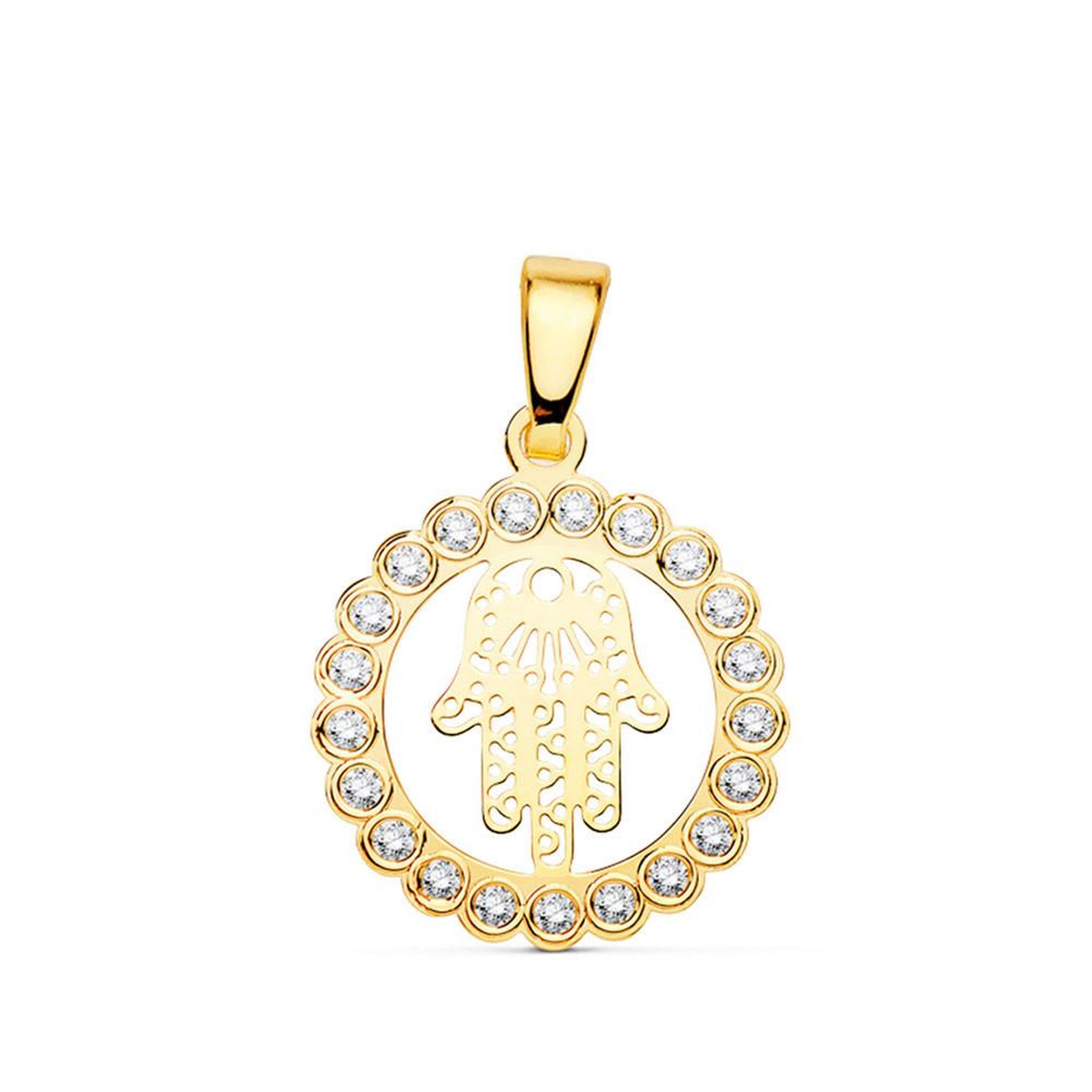 L'ATELIER D'AZUR Pendentif Main de Fatma Or 18 Carats 750 Jaune et Zirconiums - Chaine Offerte