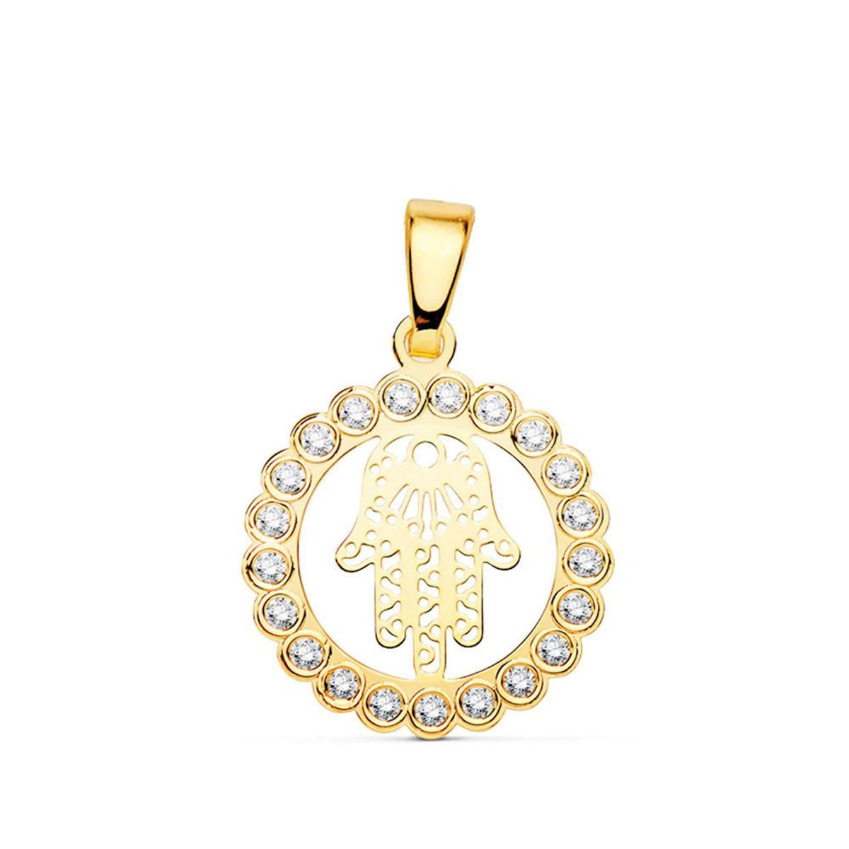 L'ATELIER D'AZUR Pendentif Main de Fatma Or 18 Carats 750 Jaune et Zirconiums - Chaine Offerte