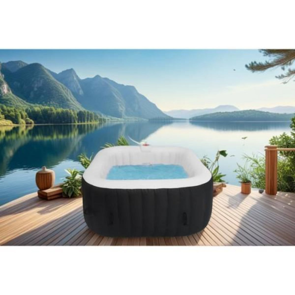 SUNSPA KIT TOUT INCLUS SPA et accessoires : spa gonflable carré 4 places avec 2 appuis tetes, filtre, épuisette, brosse, tapis, couve