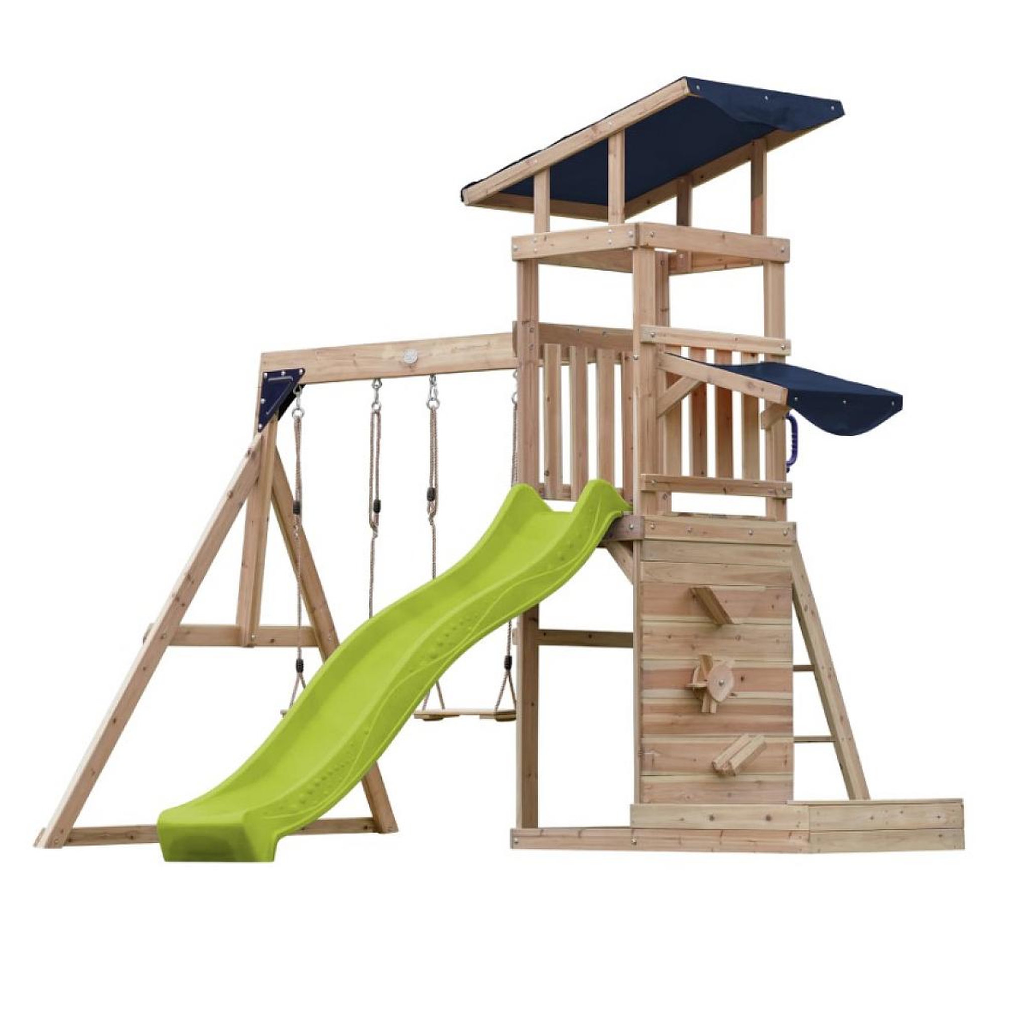 Voir la diapositive 4 : Axi House Portique Malik 2 balançoires + mur toboggan vert citron