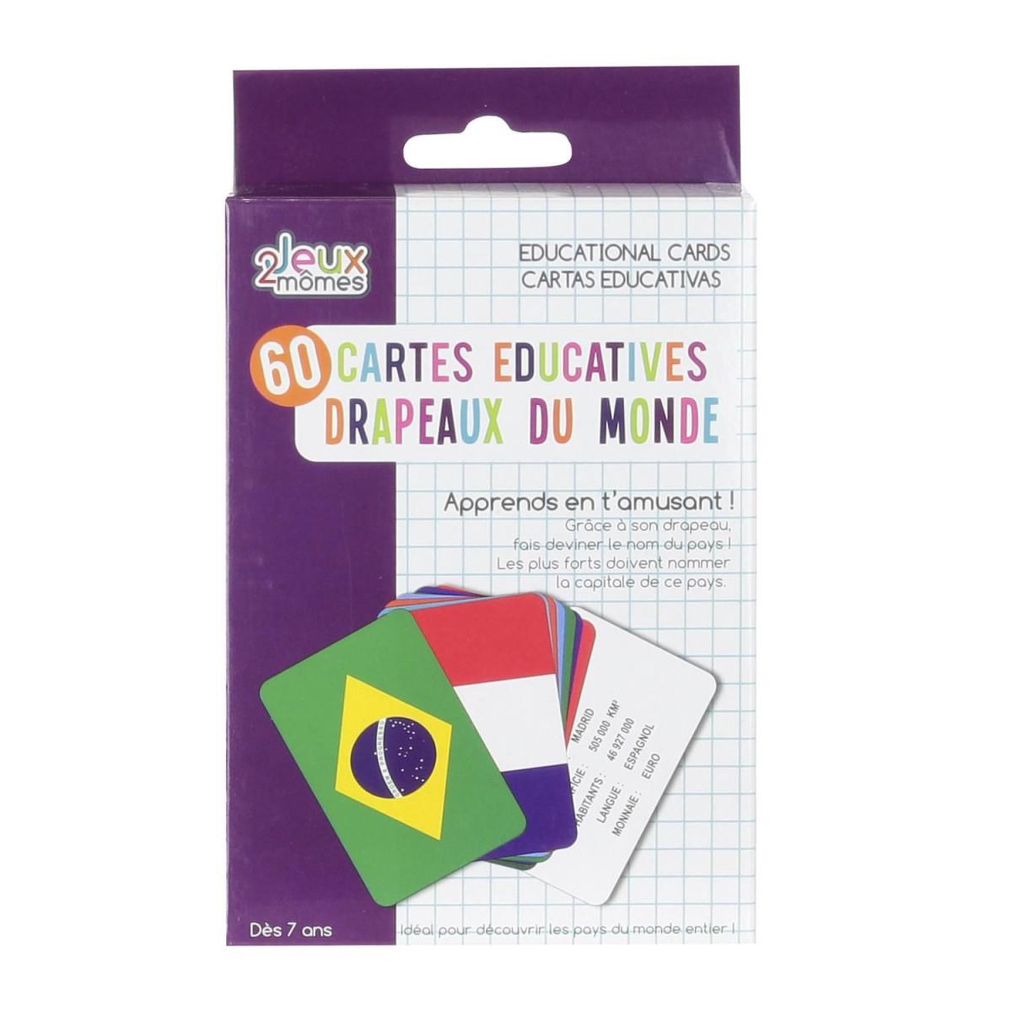 Jeux 2 momes Jeu de 60 cartes educatives  pays & drapeaux  12cm multicolore