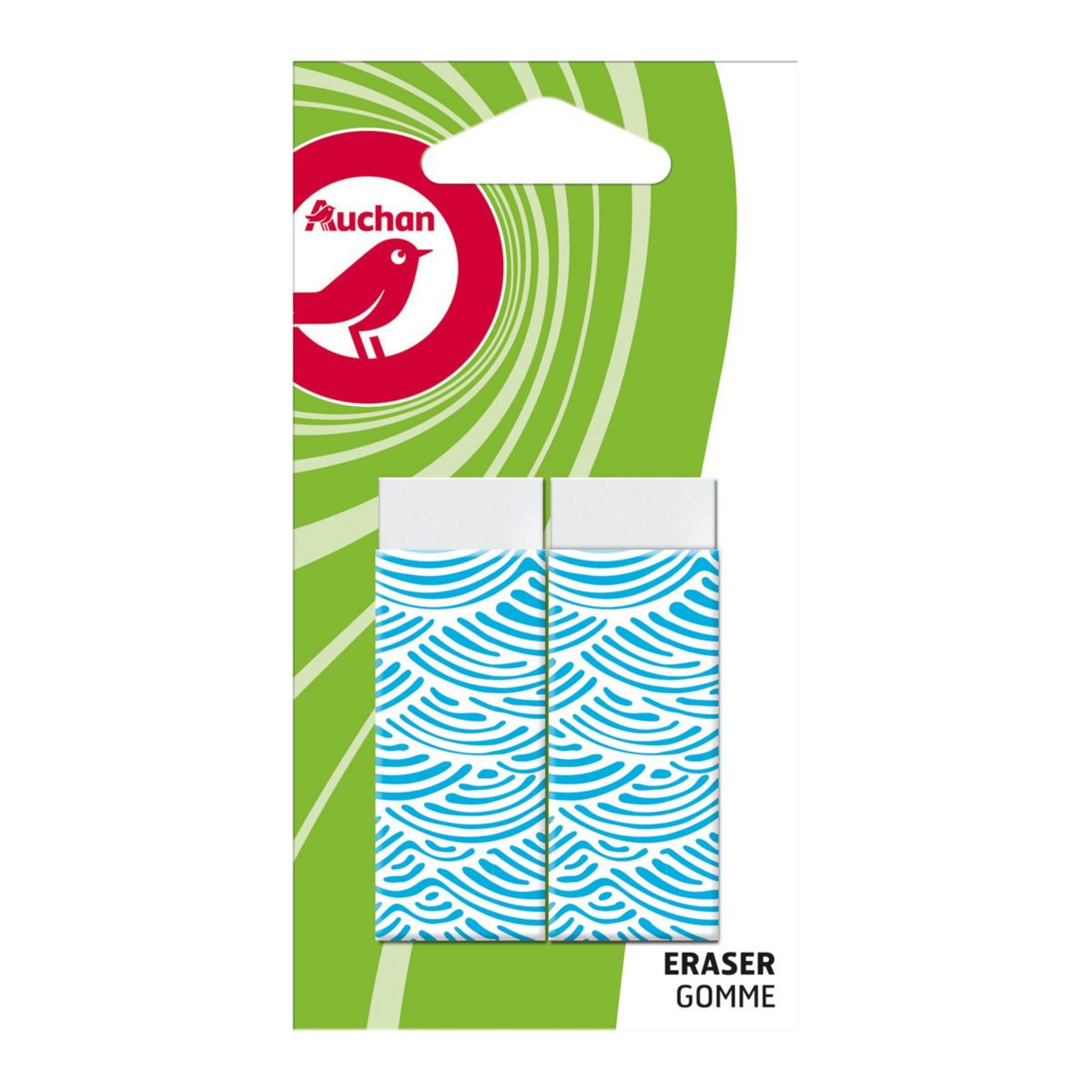 AUCHAN Lot de 2 gommes blanches rectangulaires avec fourreau motif bleu