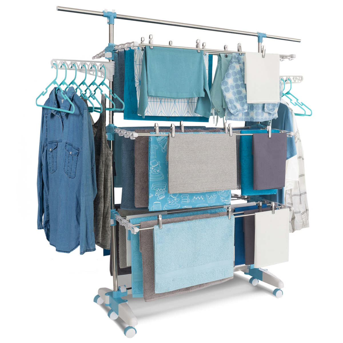 ID MARKET Séchoir à linge vertical pliable 3 niveaux OPTIMUM capacité 30M avec tringle télescopique cintres et pinces blanc et bleu