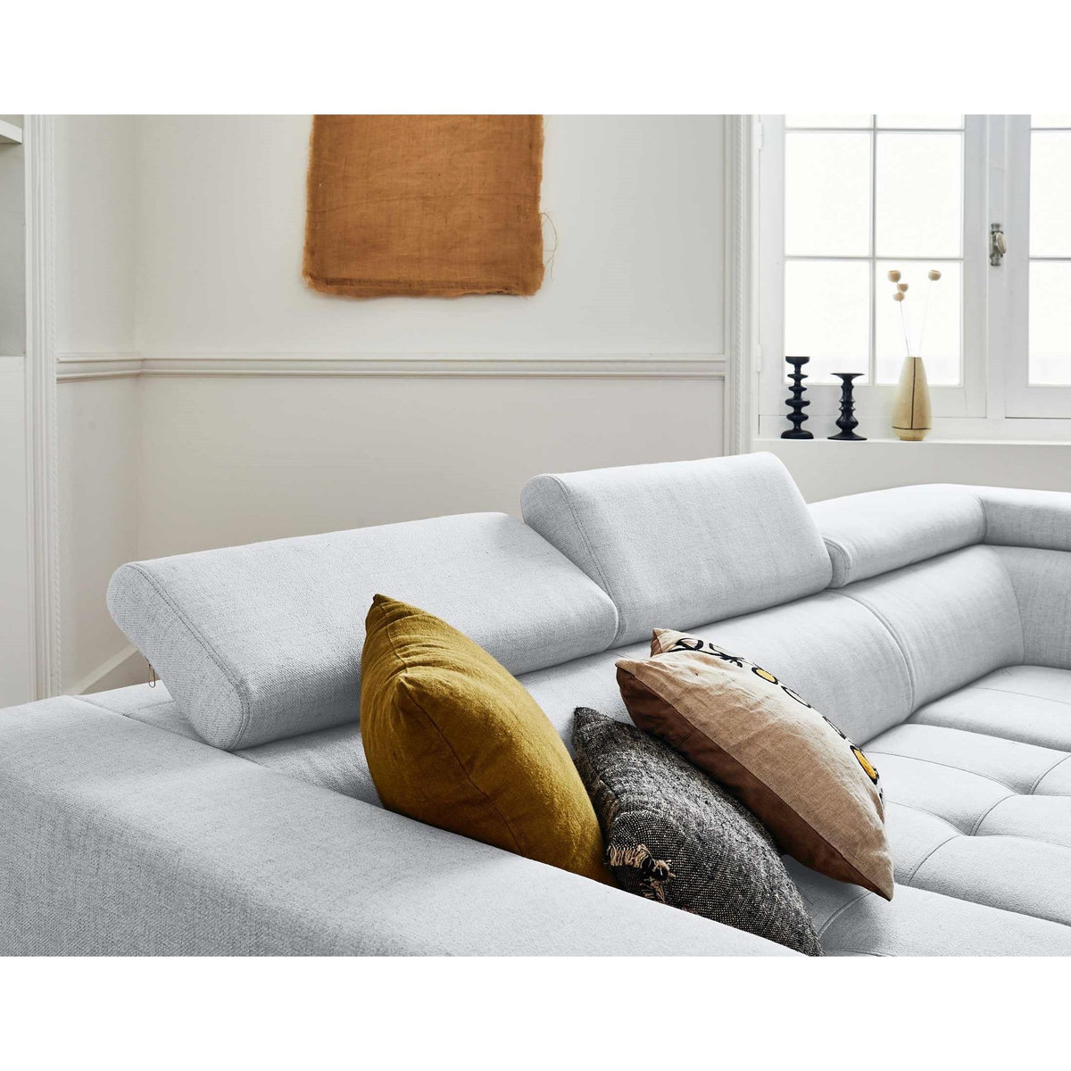 LISA DESIGN Olinda - canapé d'angle droit - 5 places - convertible avec coffre et têtières réglables - en tissu