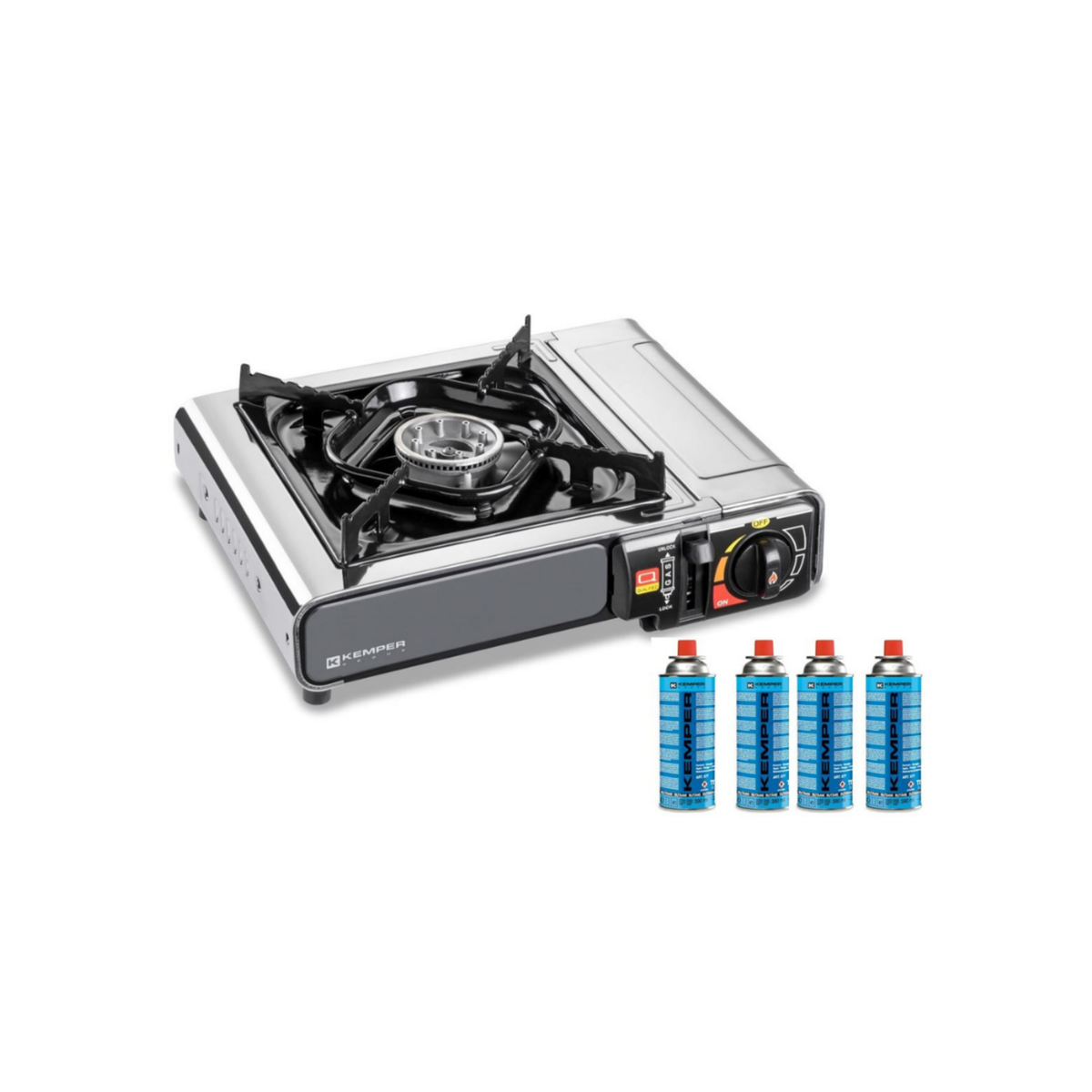 Kemper Réchaud à gaz 2200W INOX + 4 cartouches de gaz 190g KEMPER
