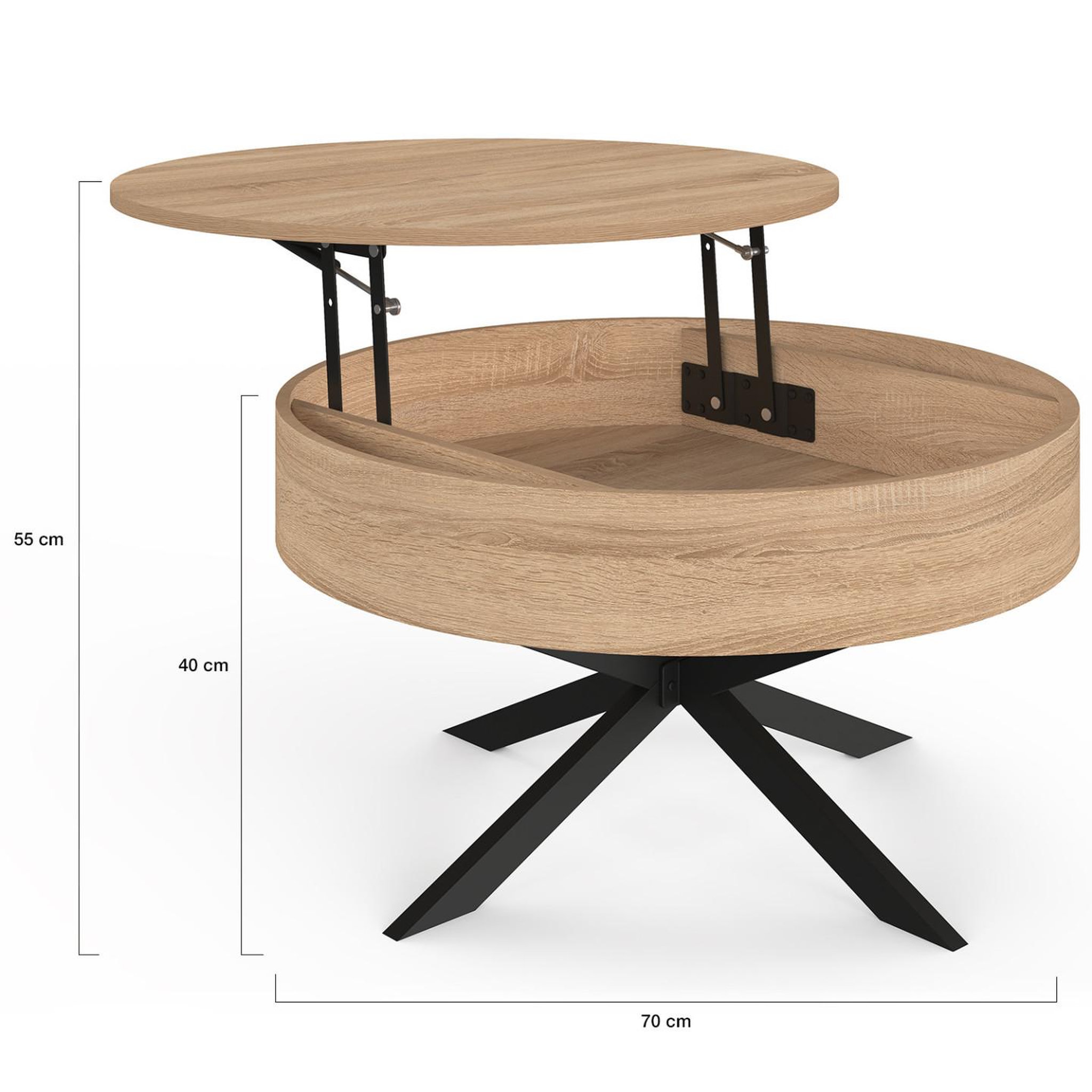 Voir la diapositive 4 : ID MARKET Table basse plateau relevable ronde alix 70 cm pied araignée bois et noir
