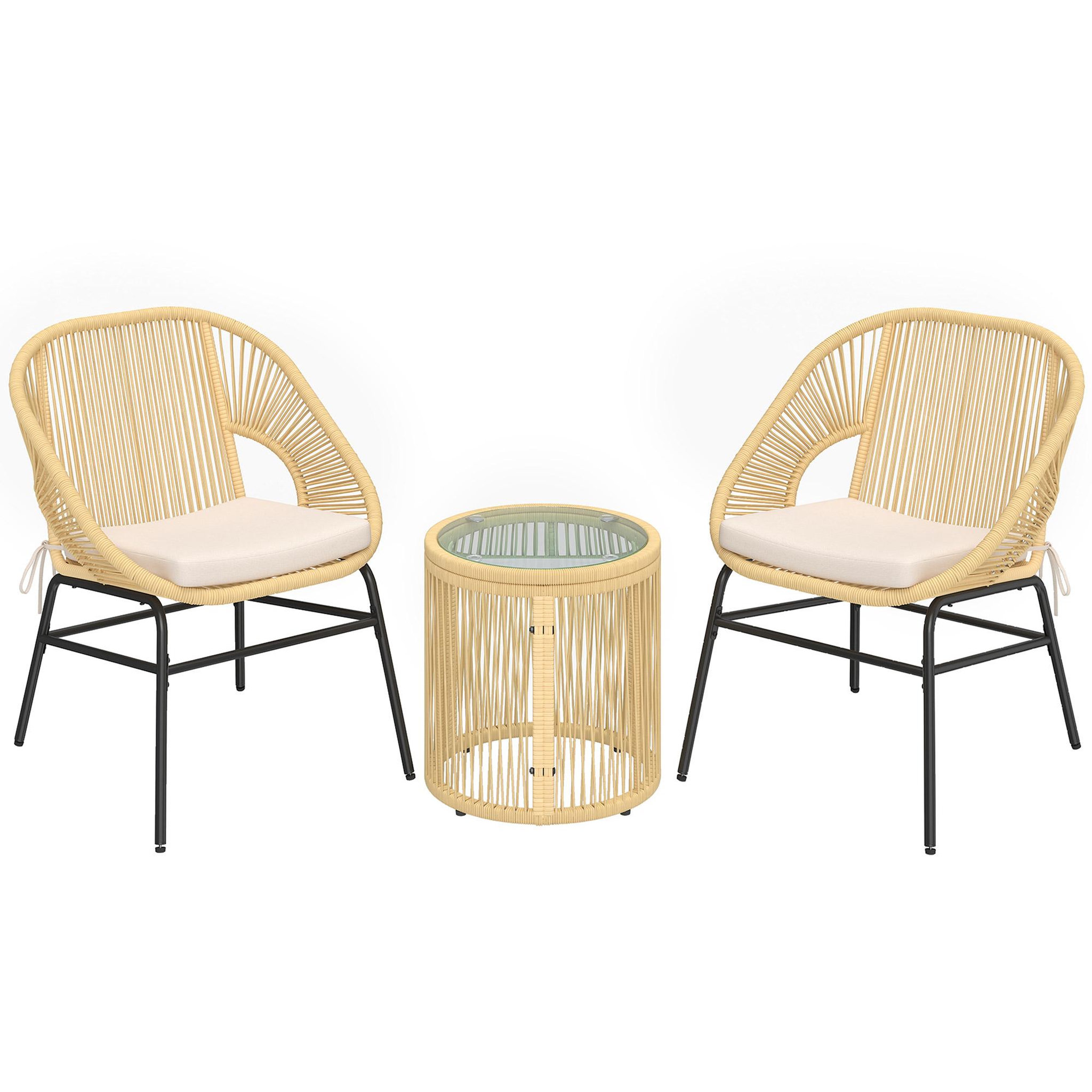 OUTSUNNY Salon de jardin style acapulco 2 places 3 pièces acier coussin résine filaire beige