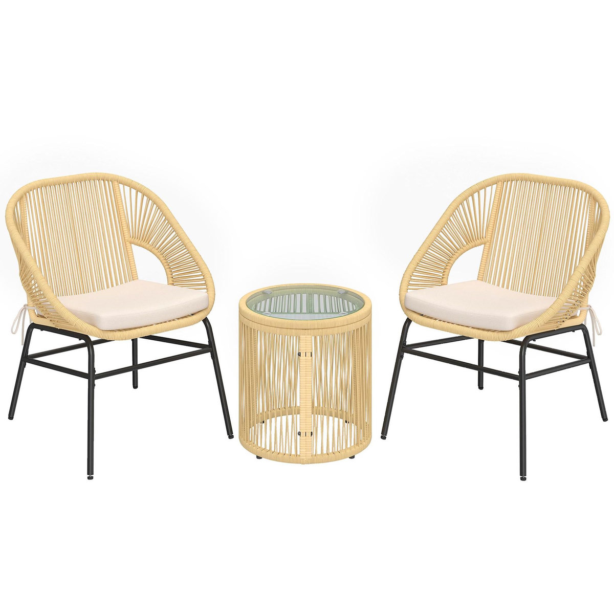 OUTSUNNY Salon de jardin style Acapulco 2 places 3 pièces acier coussin résine filaire beige