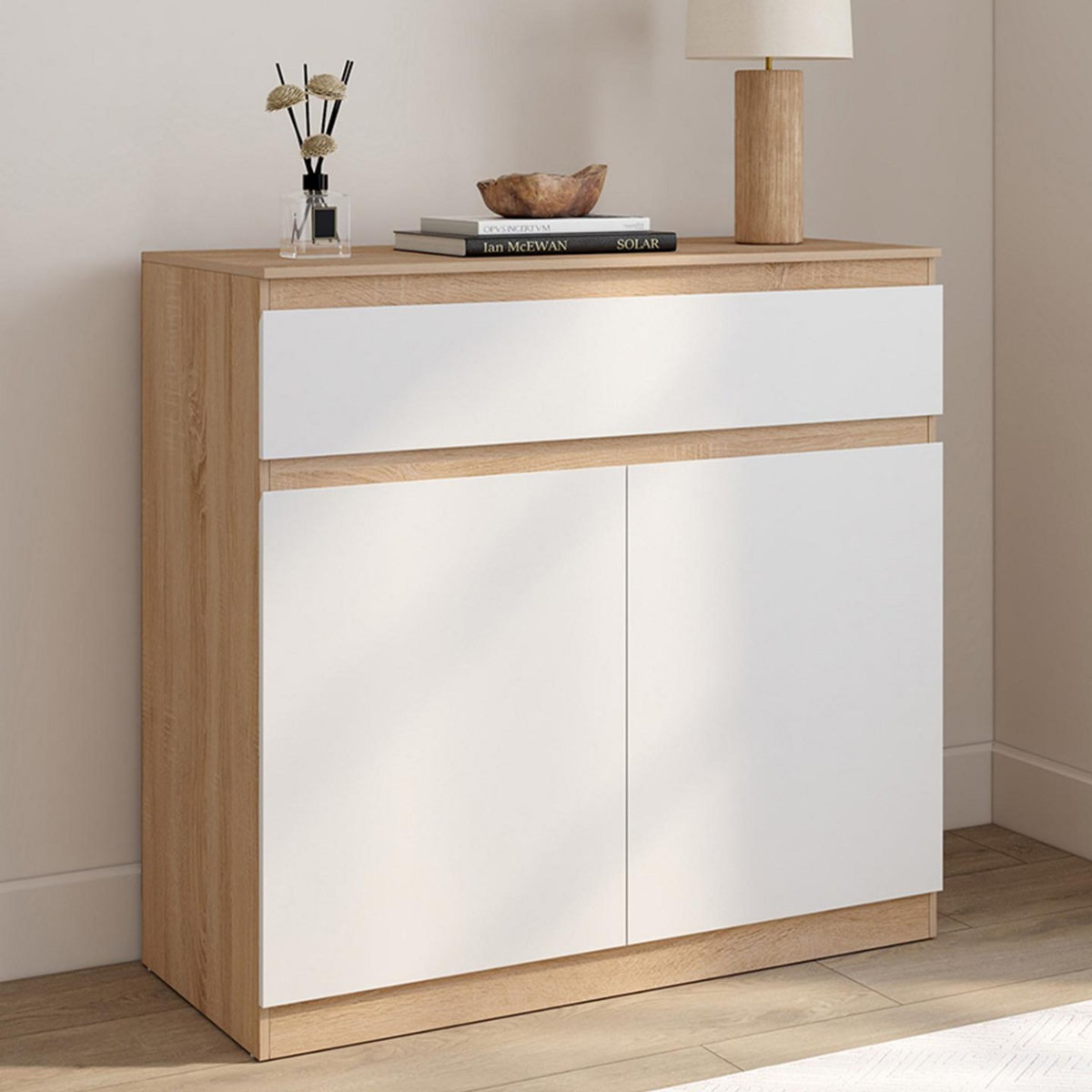 ID MARKET Armoire à chaussures 12 paires TOMI 2 portes et 1 tiroir façon hêtre et blanc