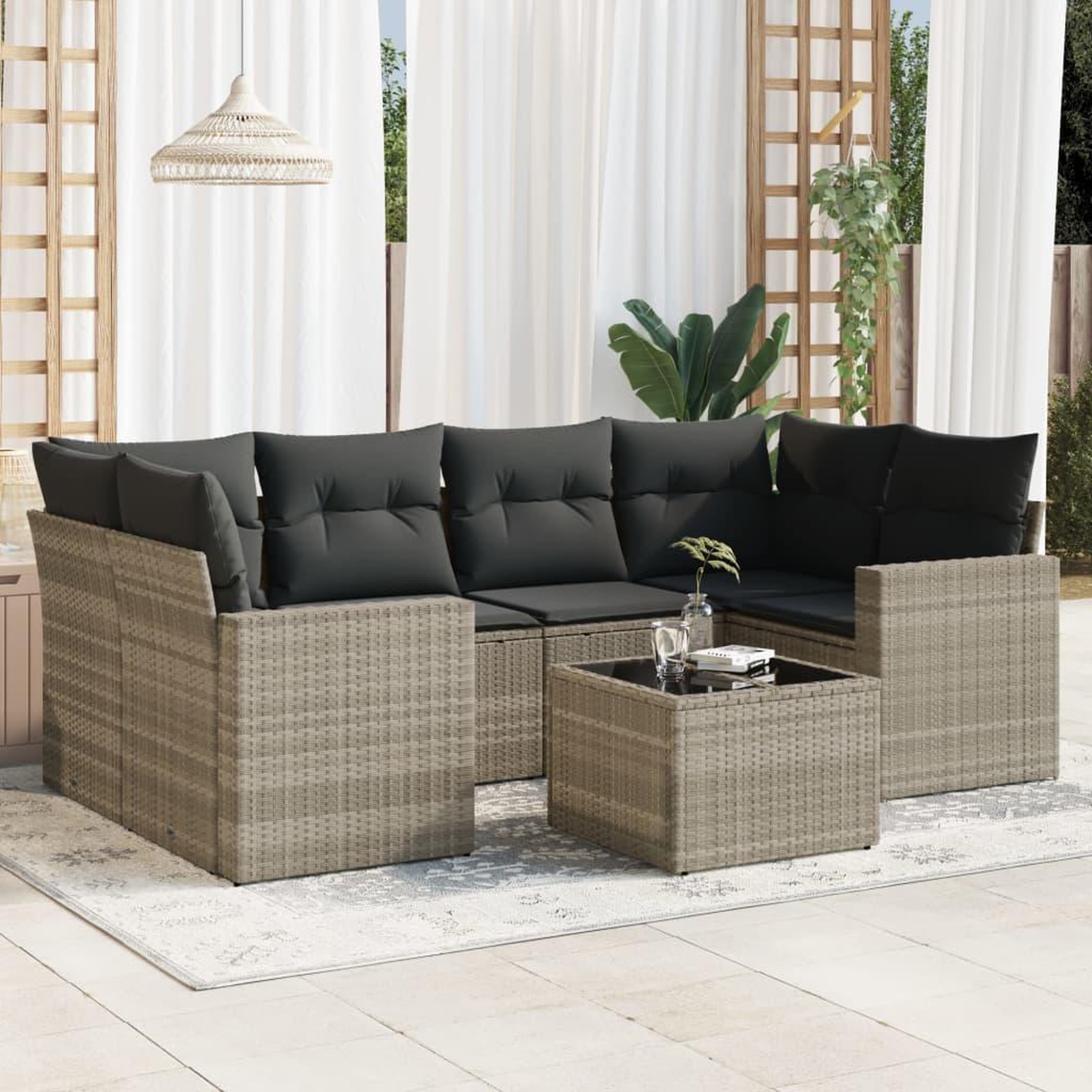 VIDAXL Salon de jardin avec coussins 7 pcs gris clair resine tressee