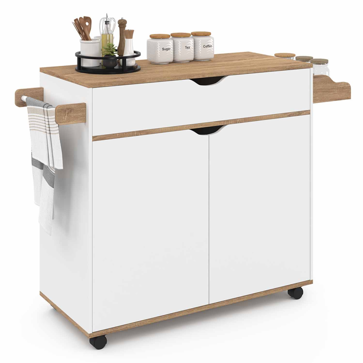 ID MARKET Desserte de cuisine COSY XXL placard avec tiroir blanc et plateaux façon hêtre L.90 CM