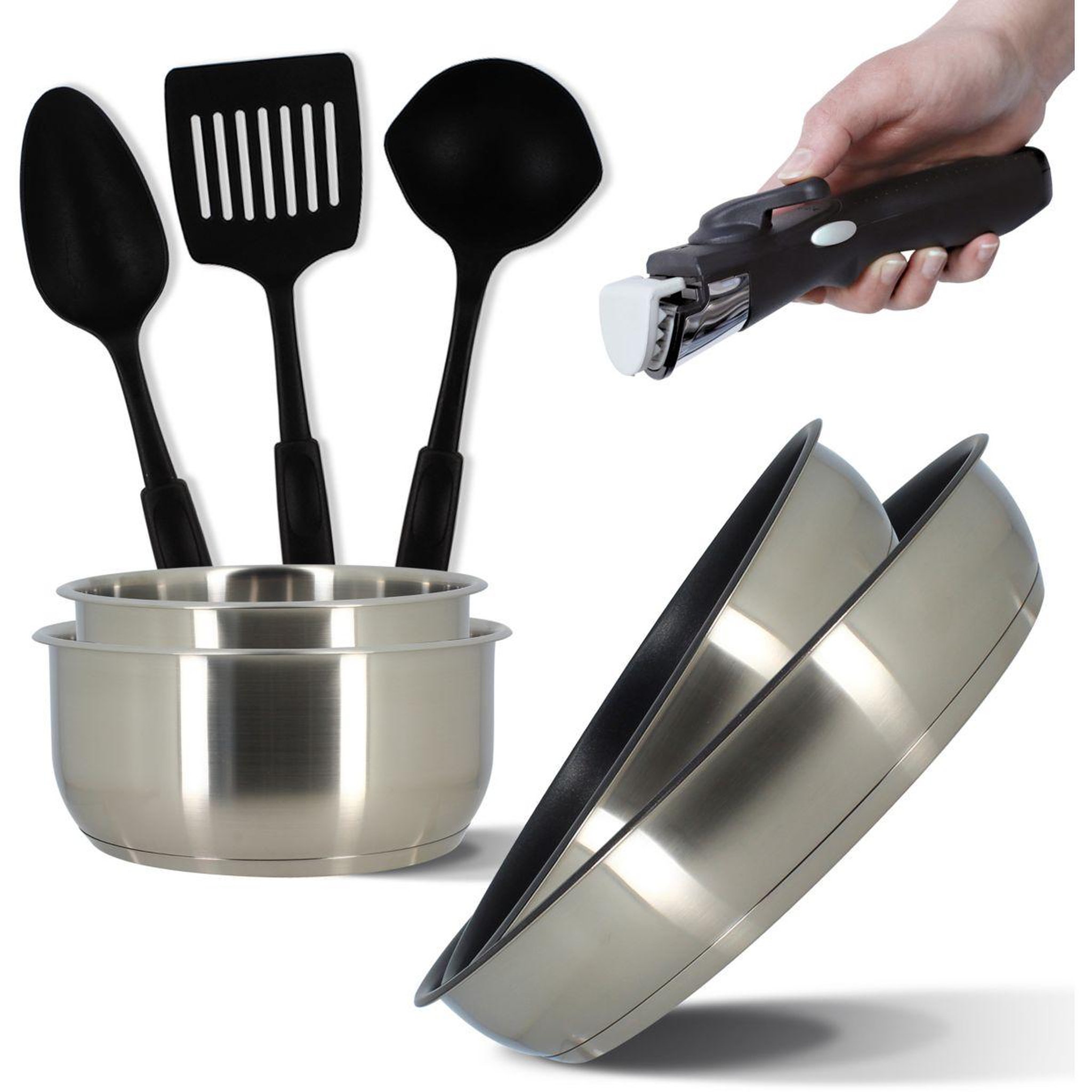 Voir la diapositive 1 : MENASTYL Batterie de cuisine 8 pcs inox amovible