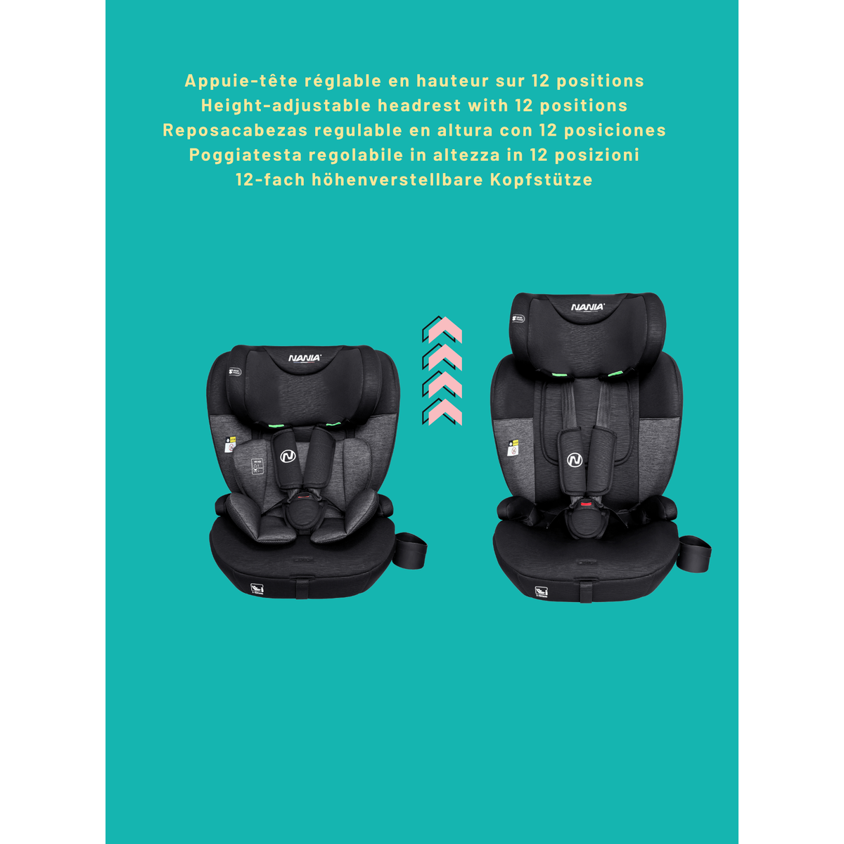 NANIA Nania Siège auto bébé TORINO évolutif 76-150 cm  15 mois à 12 ans, Têtière ajustable 12 niveaux de réglages, Protections latérales,Housse amovible et lavable - Porte gobelet