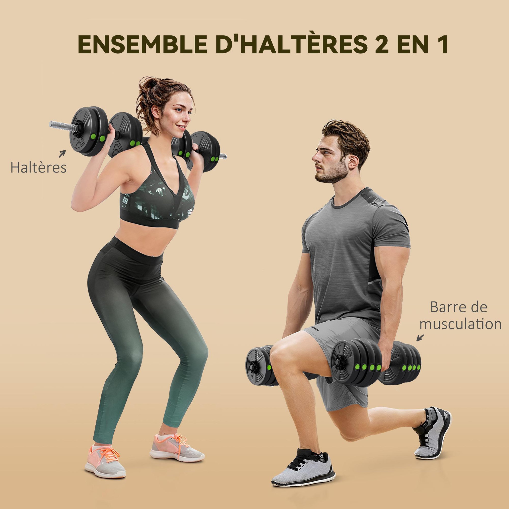 Voir la diapositive 4 : HOMCOM Haltères 2 en 1 réglables - haltères libres 30 kg - barres incluses - entraînement musculaire & haltérophilie - noir vert