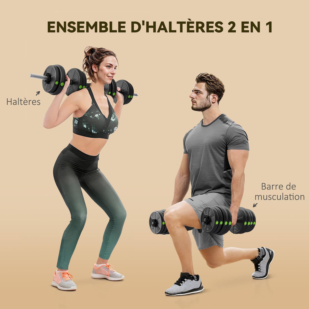 HOMCOM Haltères 2 en 1 réglables - haltères libres 30 Kg - barres incluses - entraînement musculaire & haltérophilie - noir vert