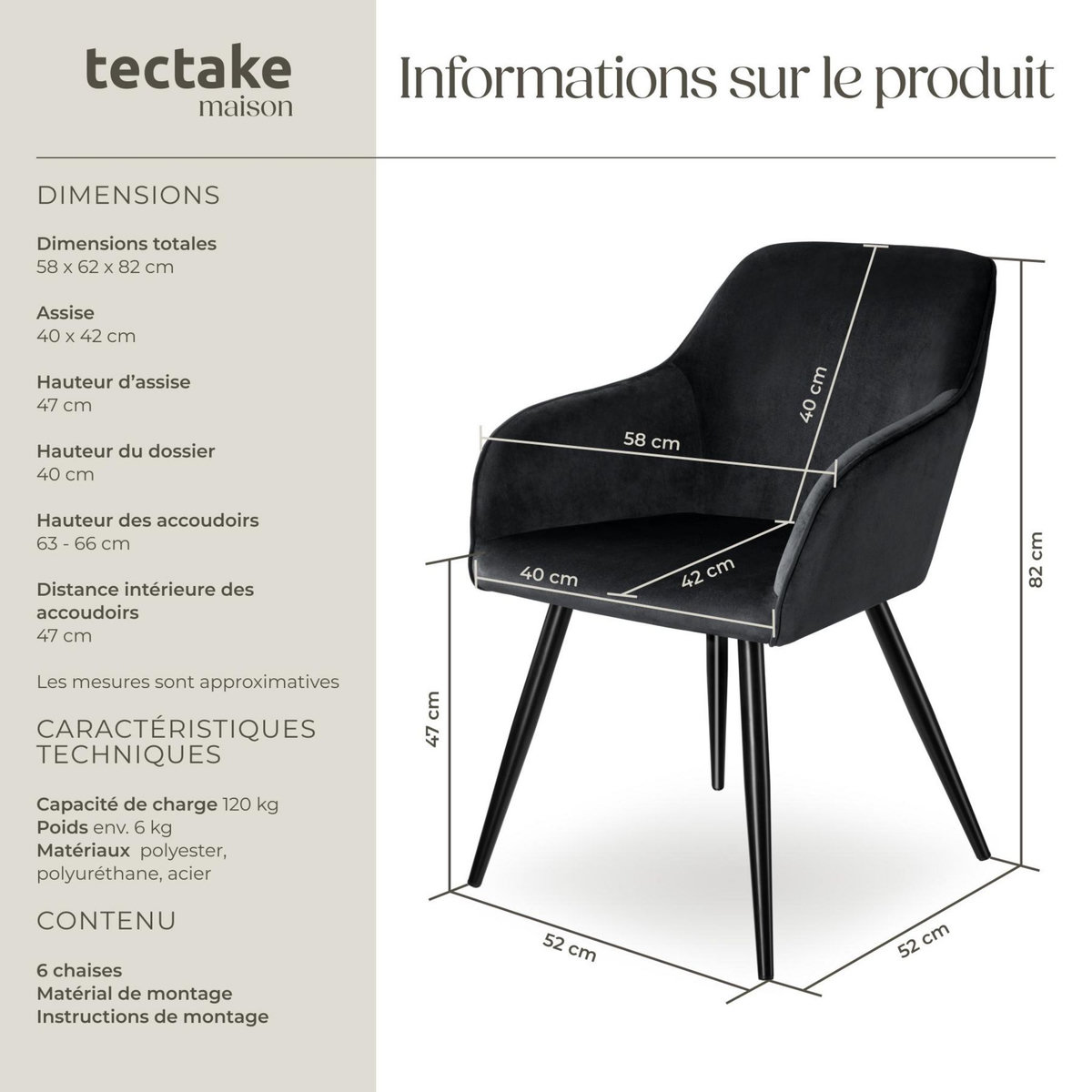 tectake Chaise style scandinave rembourrée aspect velours noir Lot de 6