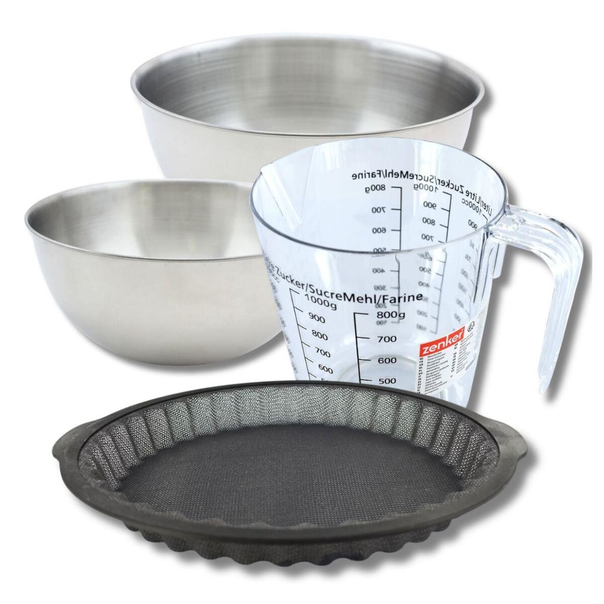 ZENKER Set pâtisserie avec moule à tarte 25 cm en silicone, 2 bols à mixer, verre mesureur et spatule Zenker