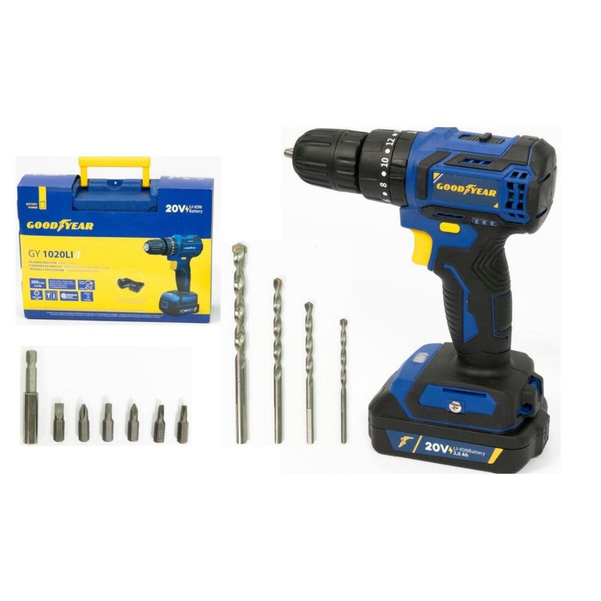 GOODYEAR Perceuse visseuse à percussion 20V Brushless Batterie lithium 2,0Ah + 11 Accessoires Malette GOODYEAR