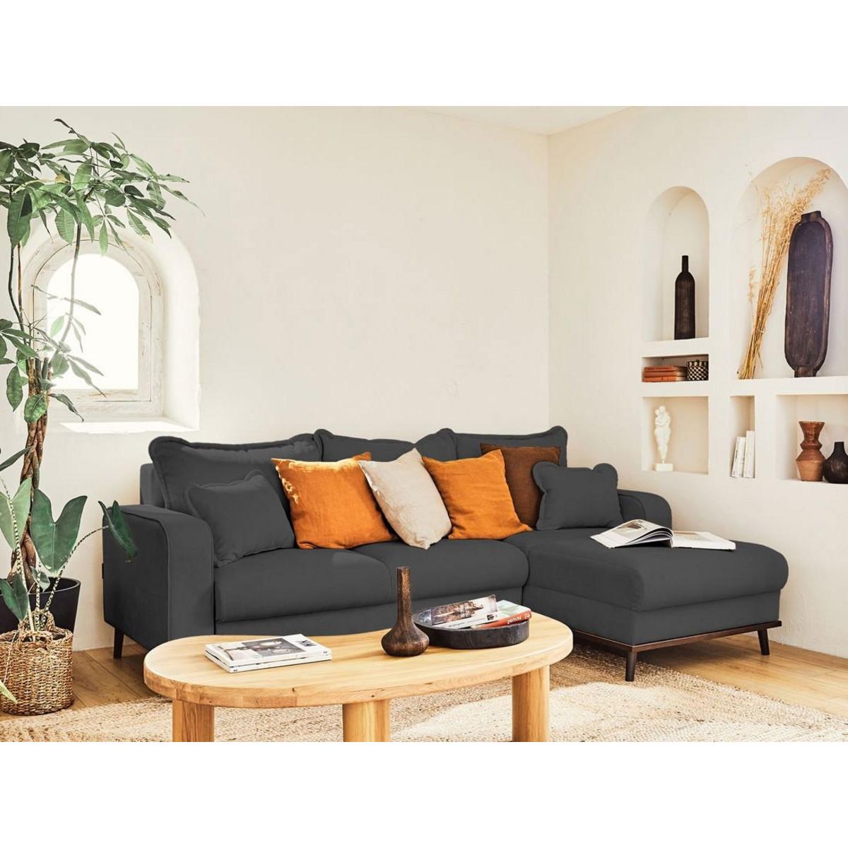 LISA DESIGN Albane - canapé d'angle droit - 4 places - convertible avec coffre - en velours côtelé