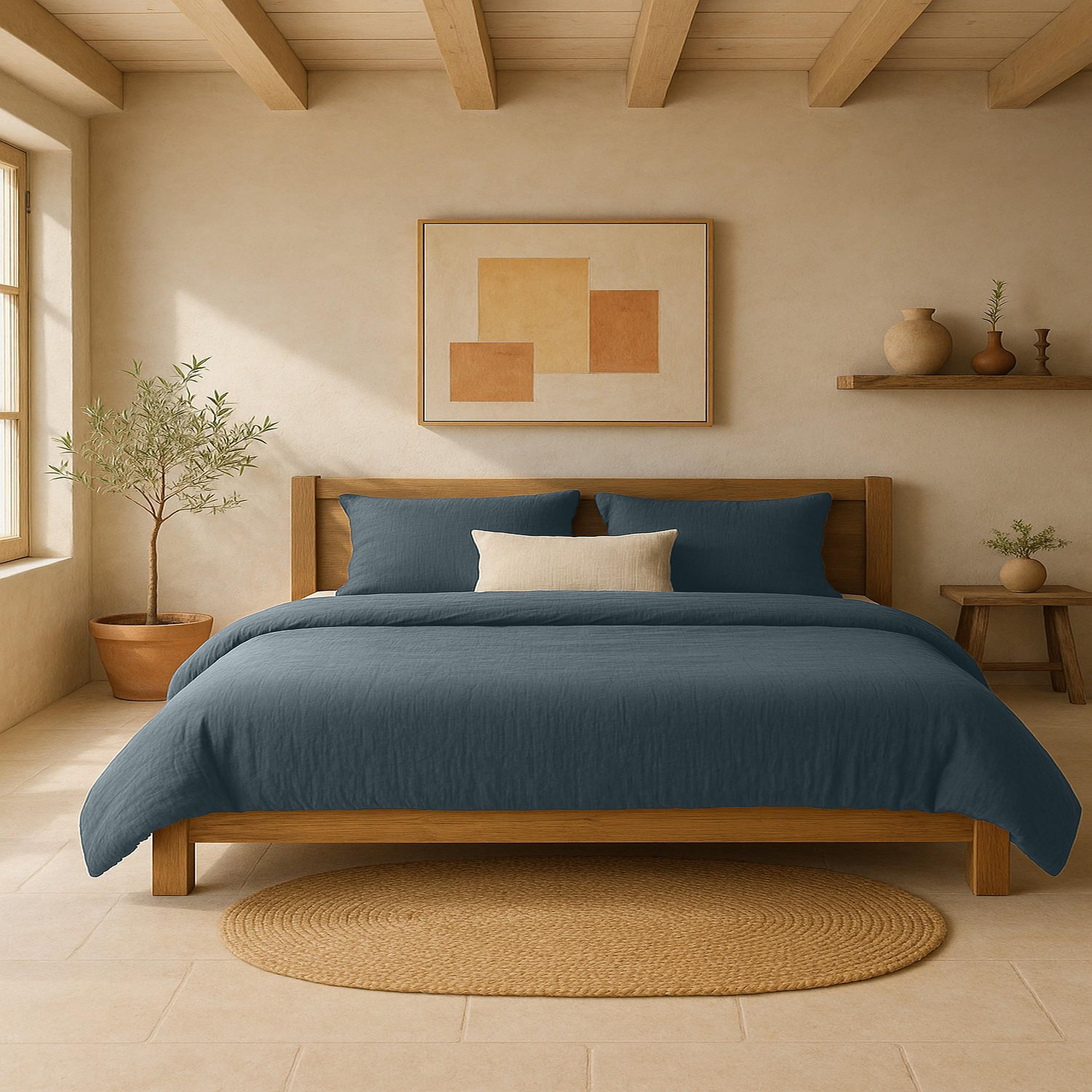 BATON ROUGE Housse de couette 100% gaze de coton lavé bleu pétrole. Coloris disponibles : Gris, Vert, Rose, Bleu, Beige, Blanc, Orange