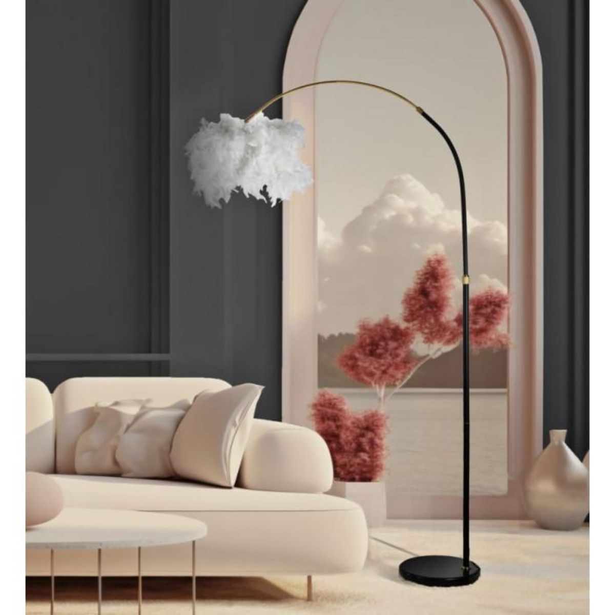 Paris Prix Lampadaire Imitation Plume  Arc  180cm Blanc & Noir