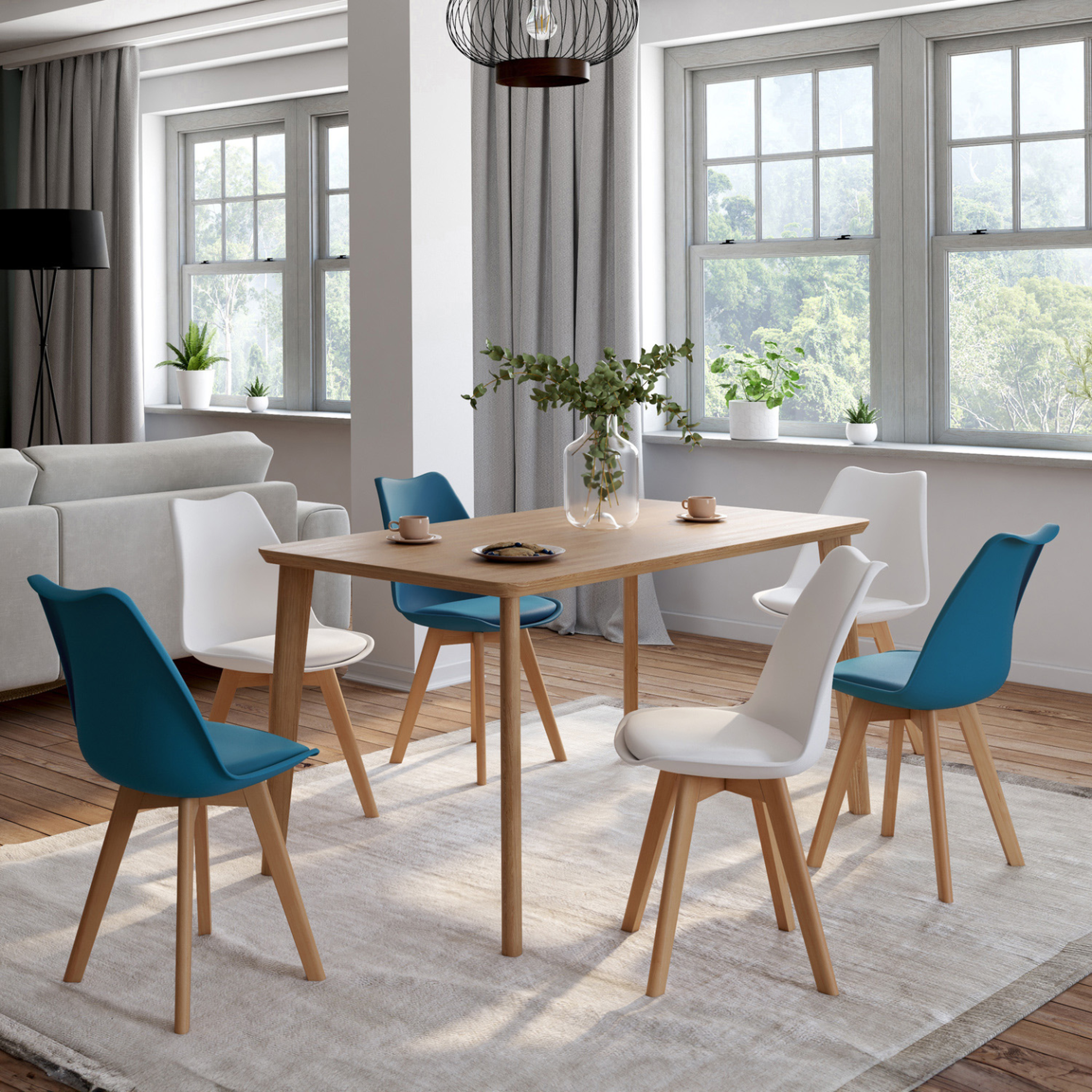 Voir la diapositive 2 : ID MARKET Lot de 6 chaises scandinaves sara mix color bleu canard x3 et blanc x3