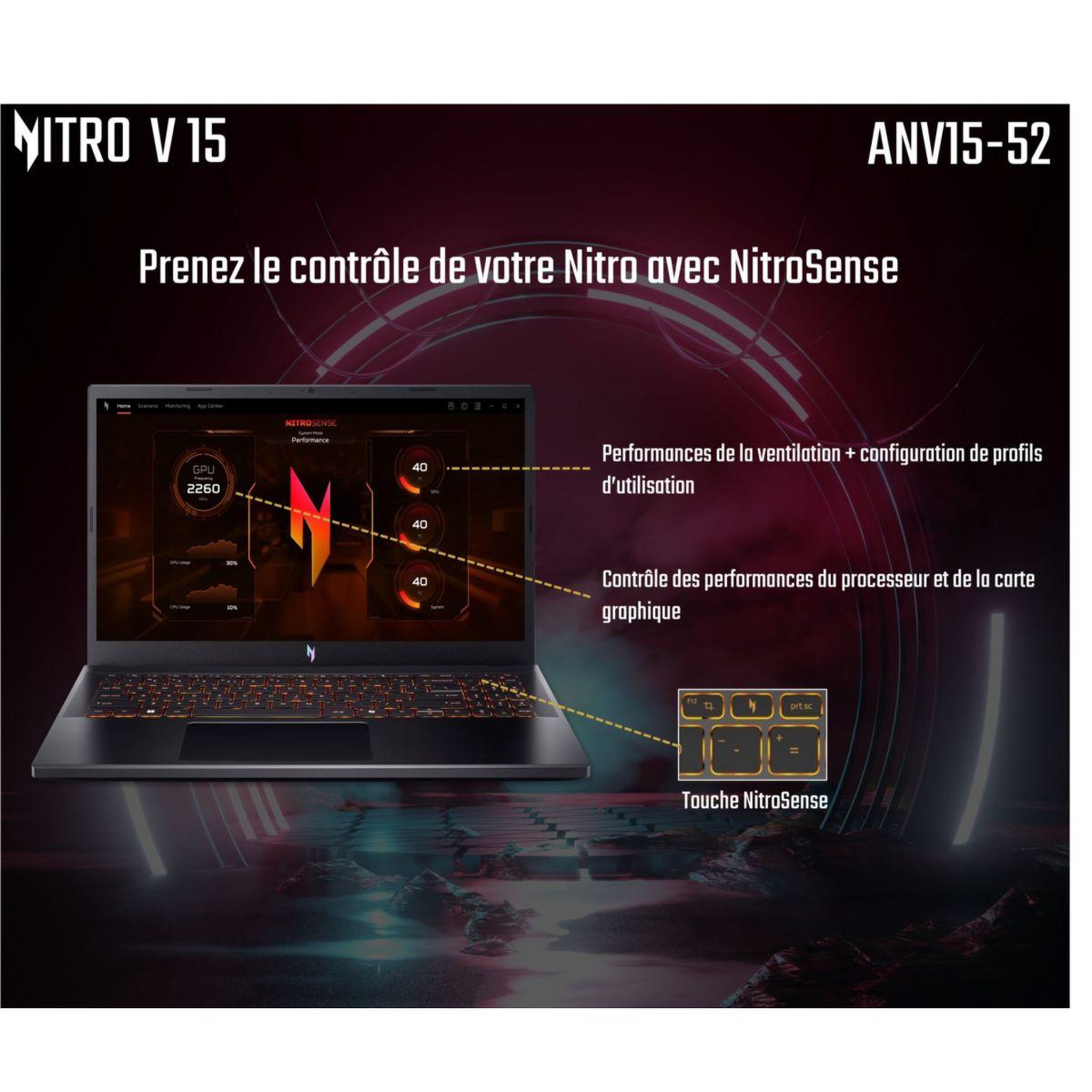 Voir la diapositive 2 : ACER Pc gamer nitro v15 anv15 15,6  fhd 165hz intel core 7 250h nvidia geforce rtx 5060 32 go ram ddr4 ssd 512 go