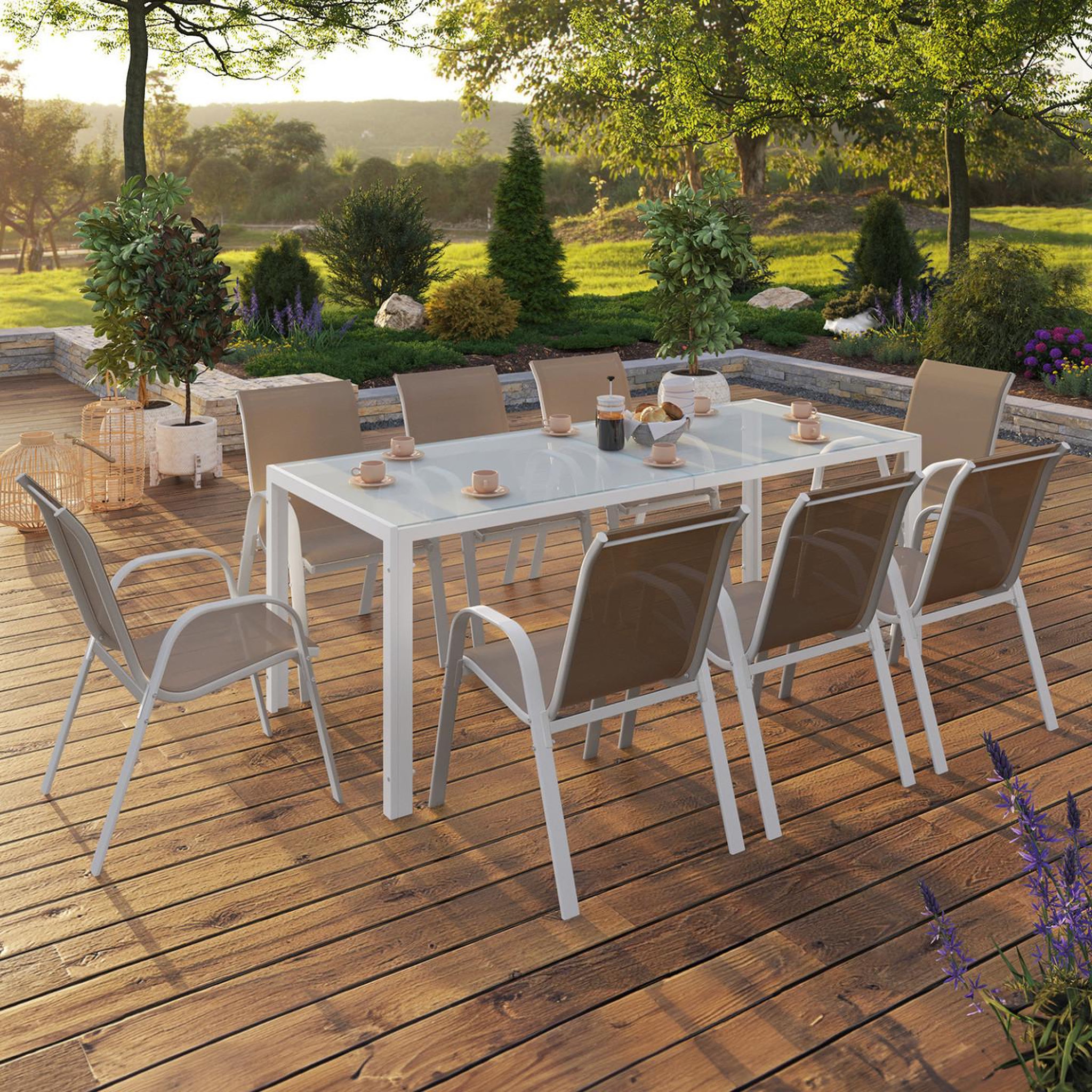 Voir la diapositive 2 : ID MARKET Salon de jardin madrid table 190 cm et 8 chaises empilables blanc et beige taupe